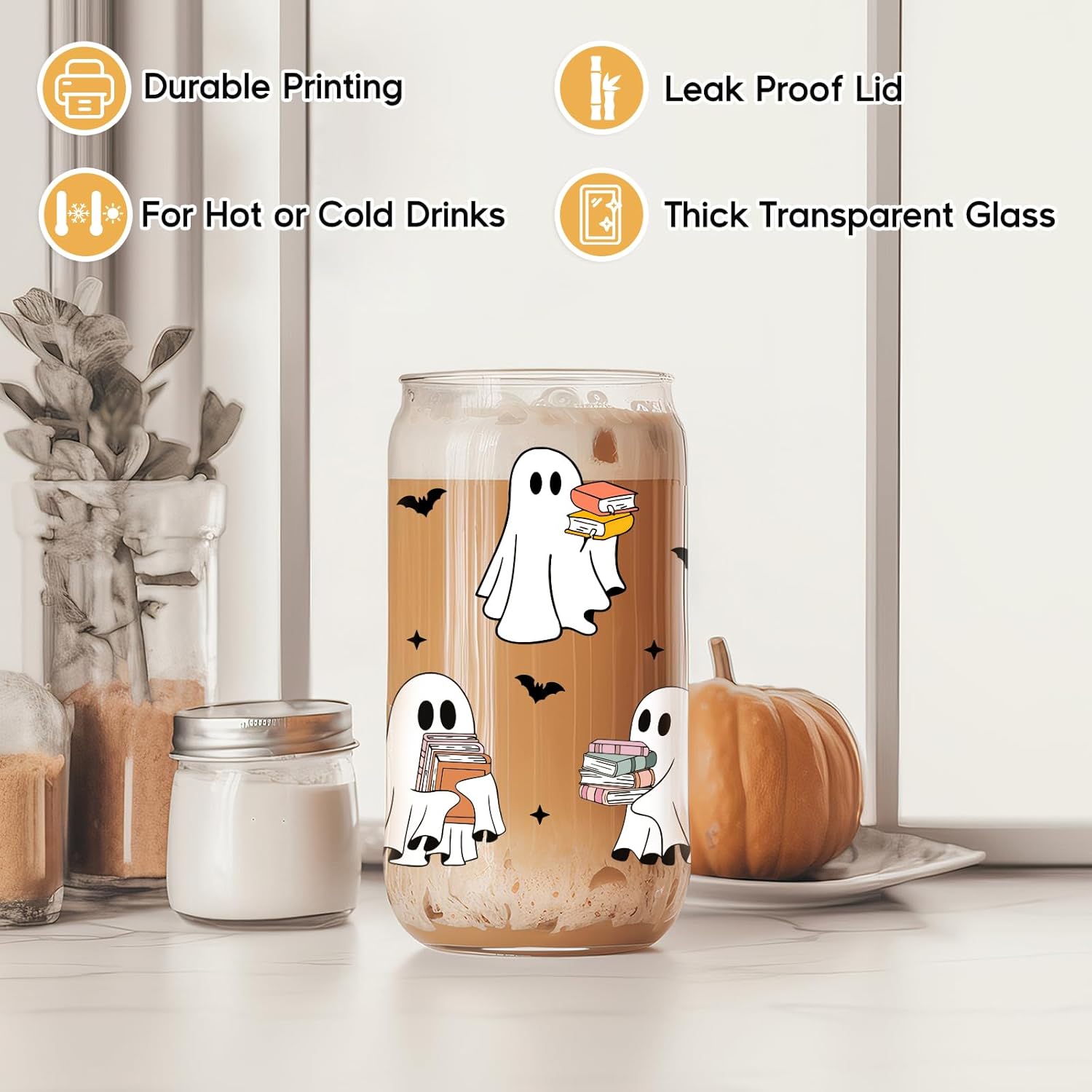 Fairy's Gift Ghost Reader Halloween Cup, Cute Spooky Gifts for Book Lovers, 16 oz Iced Coffee Tumbler Cup w/Lid Straw, Book Themed Bookworm Bookish Reading Halloween Gifts for Women Librarian Reader - Halloween Happy