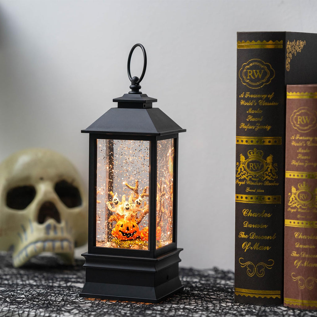 Halloween Snow Globe Lantern Water Glittering Spooky Witch' s Black Cat in Pumpkins with Music, USB Lined/Battery Operated Lighted Lantern for Halloween Festival Decoration Gifts - Halloween Happy