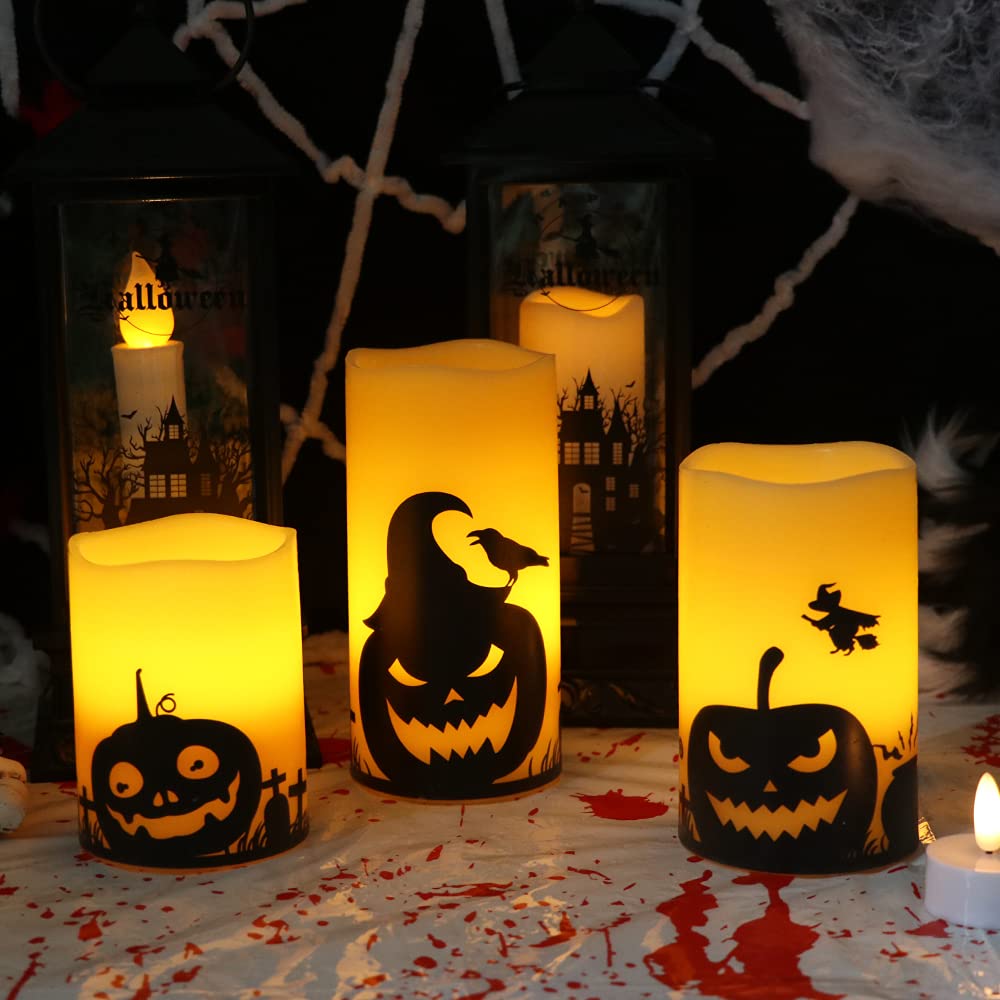 Eldnacele Halloween LED Flameless Flickering Candles Battery Operated with 6H Timer Skull Spider Web Crow Raven Spooky Decals Halloween Themed Indoor Decoration(3 Pack, D3 x H6) - Halloween Happy
