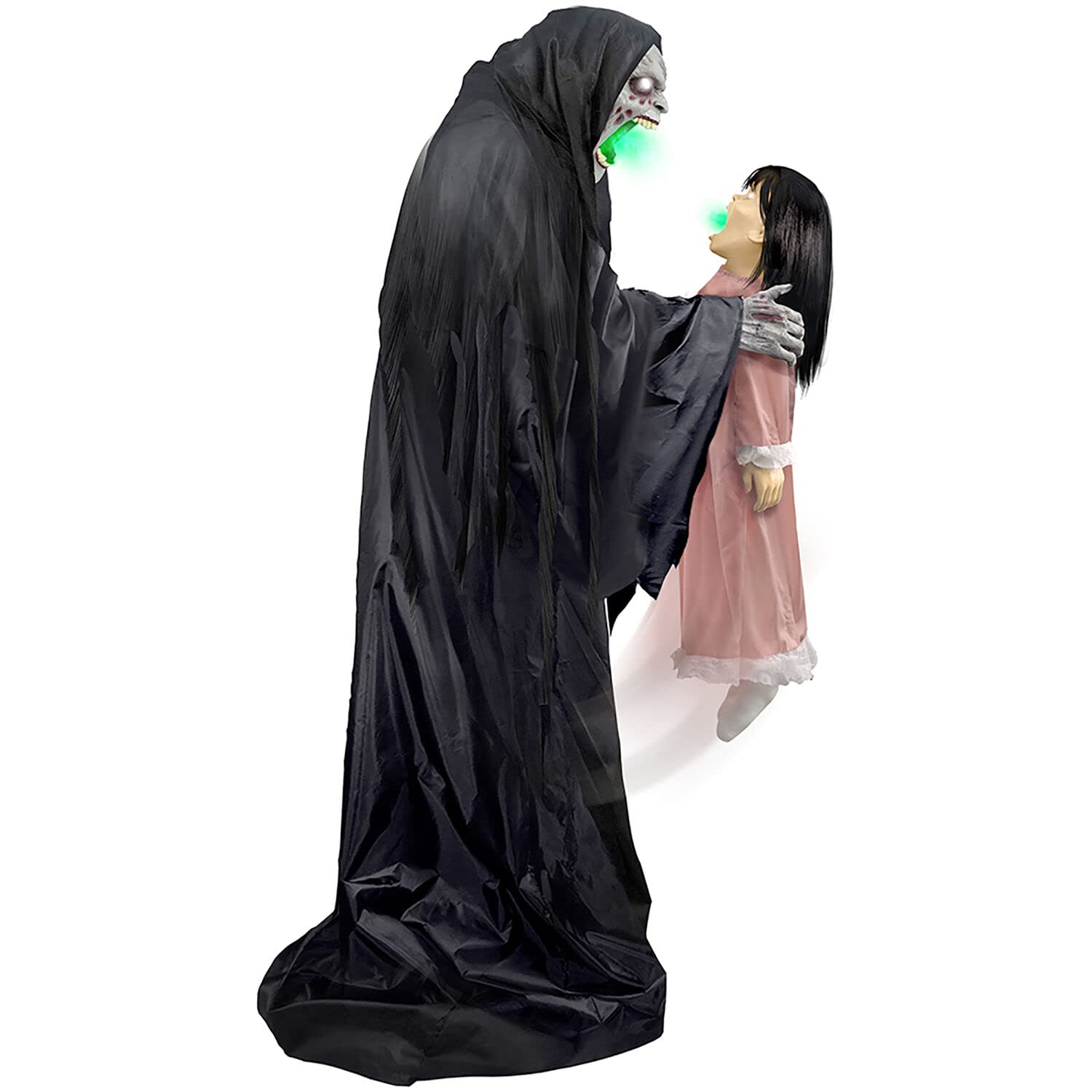 Haunted Hill Farm Soul Sucker Demon Reaper with Child by Tekky, Motion - Activated Talking Halloween Animatronic for Creepy Indoor or Covered Outdoor Halloween Decorations, Plug - in or Battery Operated - Halloween Happy