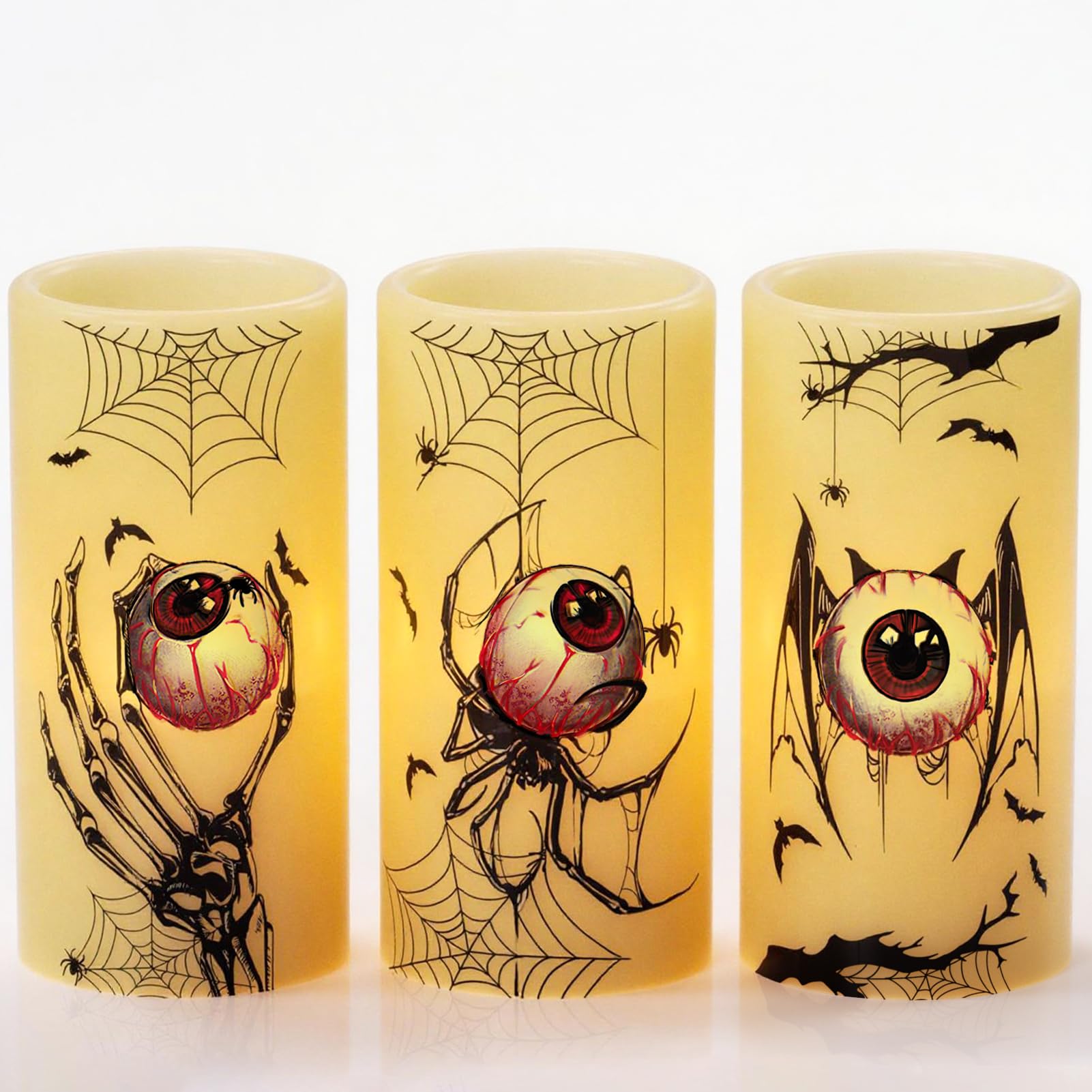 Eldnacele Halloween LED Flameless Flickering Candles Battery Operated with 6H Timer Skull Spider Web Crow Raven Spooky Decals Halloween Themed Indoor Decoration(3 Pack, D3 x H6) - Halloween Happy