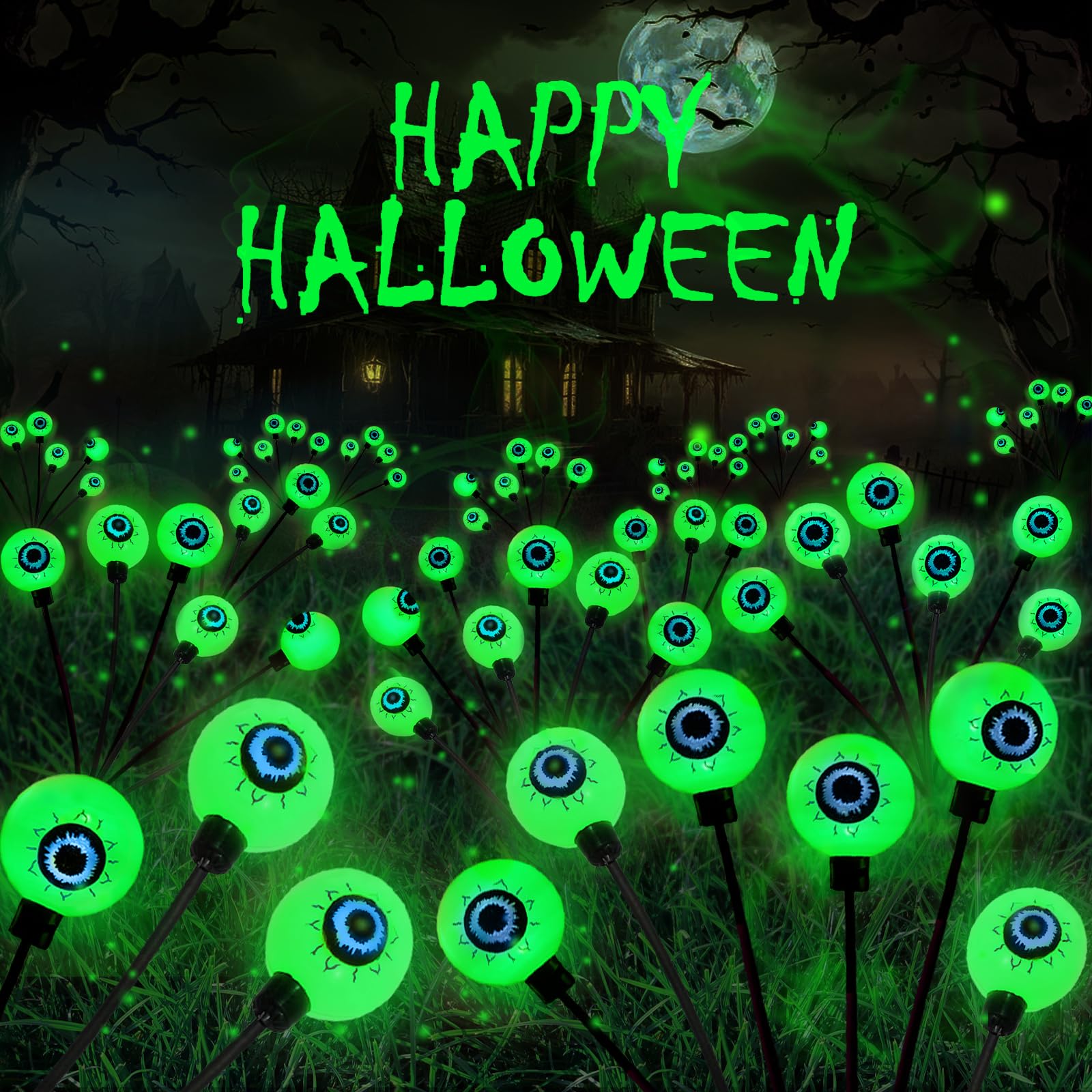 6 Pack Solar Eyeball Lights for Halloween Decorations Outdoor, 36 LED Green Eyeball Solar Halloween Lights, Waterproof Swaying Firefly Lights with 2 Modes for Pathway Patio Yard Lawn Garden Decor - Halloween Happy
