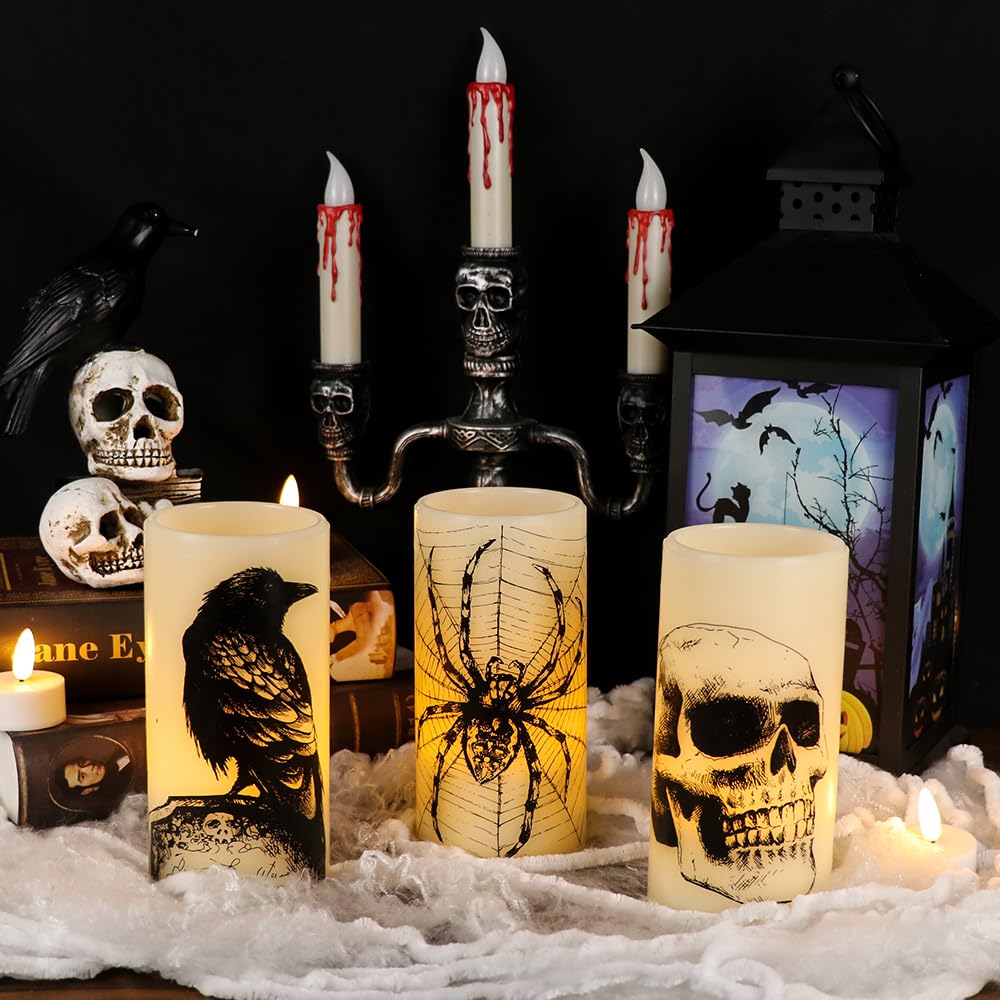 Eldnacele Halloween LED Flameless Flickering Candles Battery Operated with 6H Timer Skull Spider Web Crow Raven Spooky Decals Halloween Themed Indoor Decoration(3 Pack, D3 x H6) - Halloween Happy