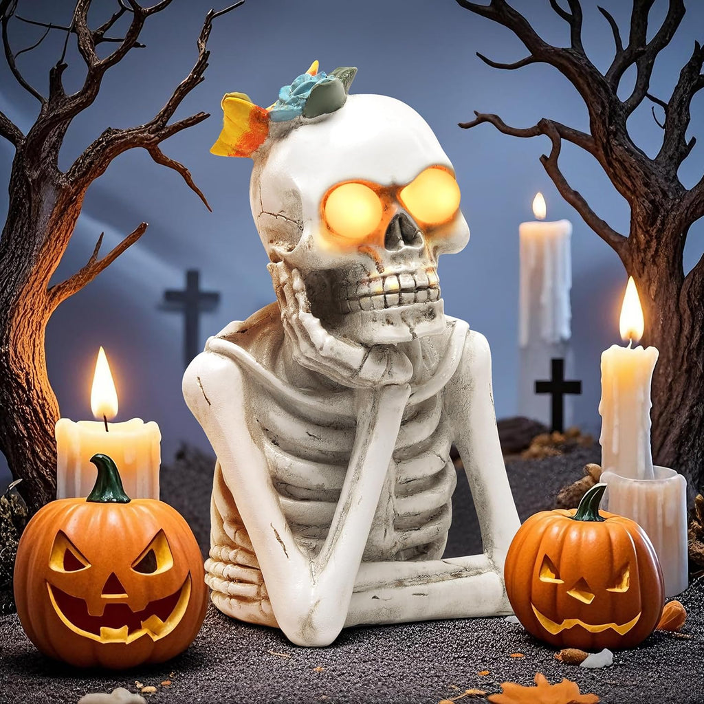 Halloween Skull Statue with Spooky LED Light for Holiday Decorations, Halloween Decor with Romantic Skeleton Couple on Swing Tombstone Tree, Grinning Skull Decor Props Haunted Collectible Gift - Halloween Happy