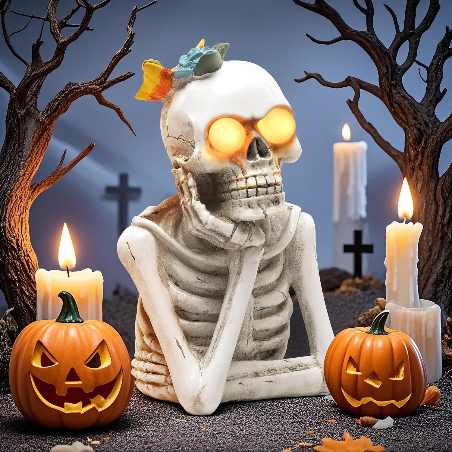 Halloween Skull Statue with Spooky LED Light for Holiday Decorations, Halloween Decor with Romantic Skeleton Couple on Swing Tombstone Tree, Grinning Skull Decor Props Haunted Collectible Gift - Halloween Happy