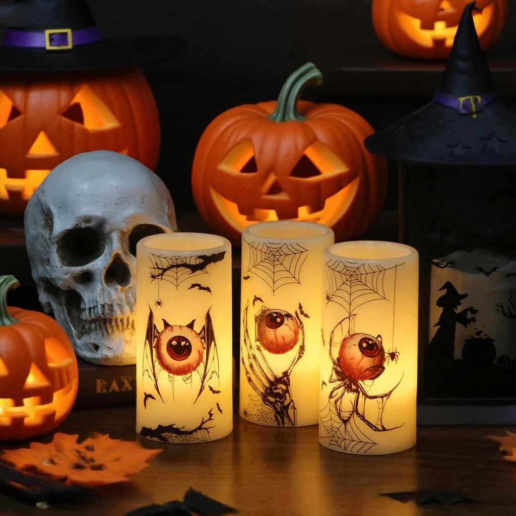 Eldnacele Halloween LED Flameless Flickering Candles Battery Operated with 6H Timer Skull Spider Web Crow Raven Spooky Decals Halloween Themed Indoor Decoration(3 Pack, D3 x H6) - Halloween Happy
