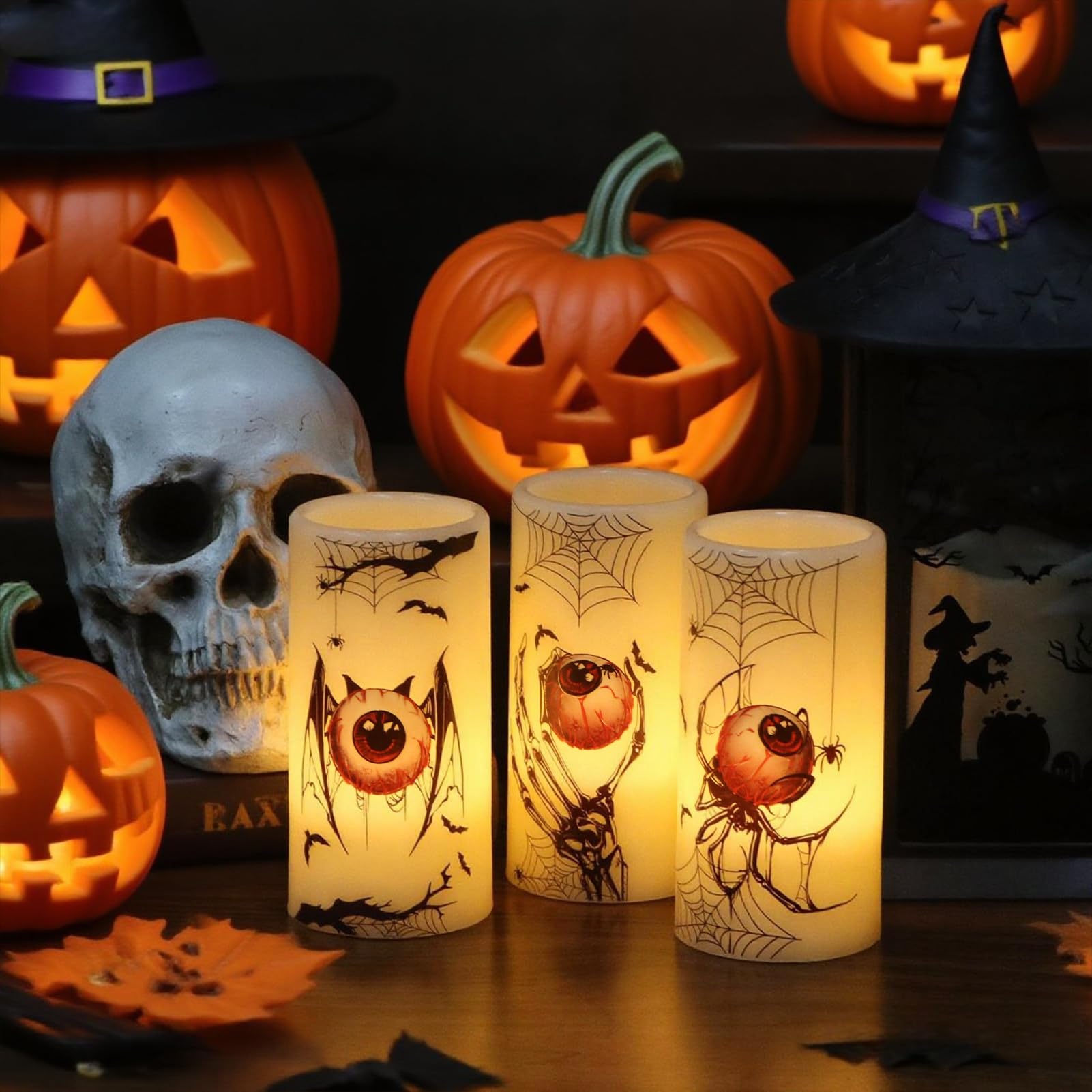 Eldnacele Halloween LED Flameless Flickering Candles Battery Operated with 6H Timer Skull Spider Web Crow Raven Spooky Decals Halloween Themed Indoor Decoration(3 Pack, D3 x H6) - Halloween Happy