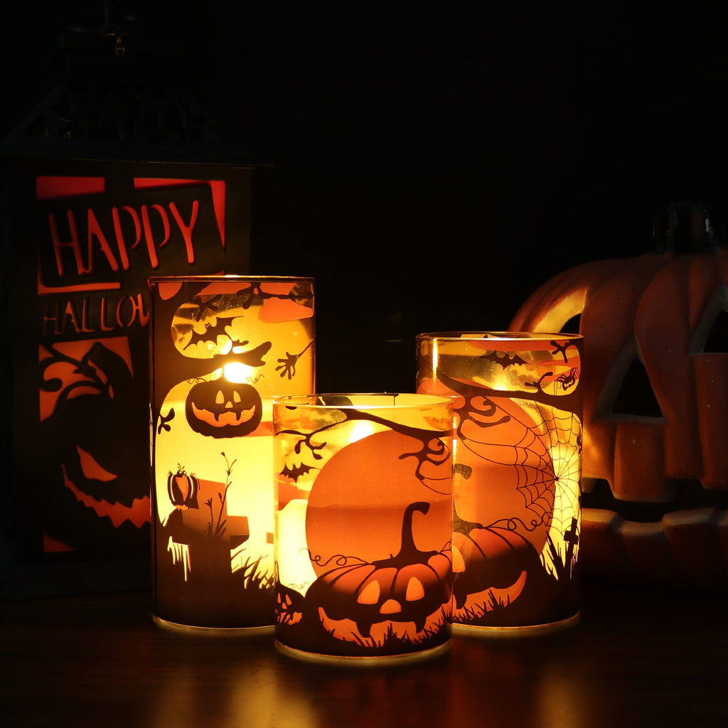 Eldnacele Halloween LED Flameless Flickering Candles Battery Operated with 6H Timer Skull Spider Web Crow Raven Spooky Decals Halloween Themed Indoor Decoration(3 Pack, D3 x H6) - Halloween Happy