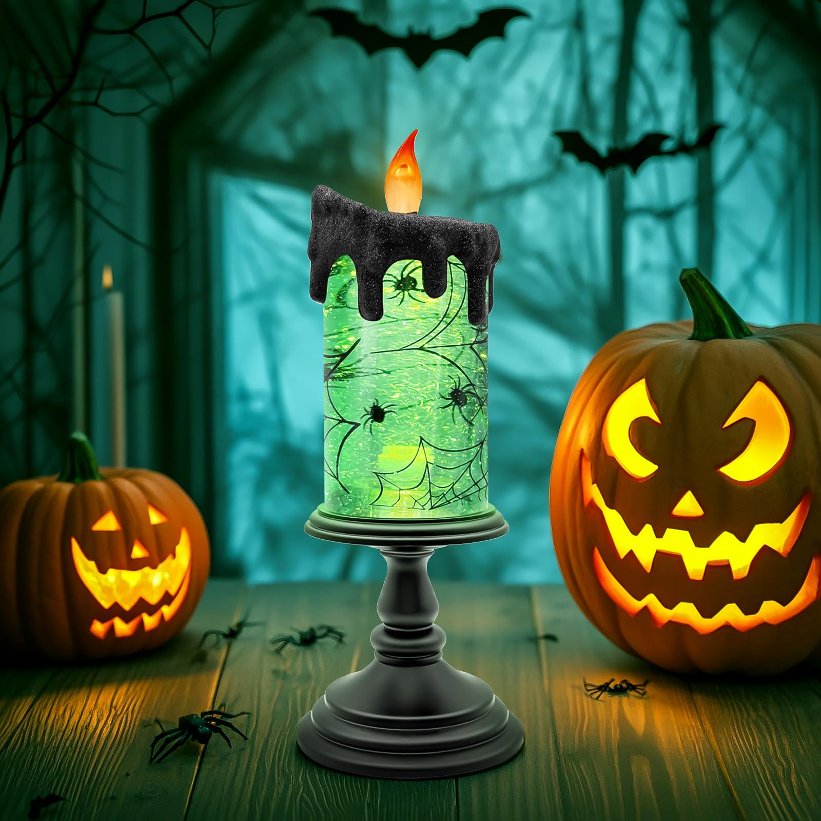 Halloween Snow Globe Flameless Candle – Lighted Halloween Glitter Lantern with Spinning Water and Timer, Pumpkin & Bat Scene Halloween Decor for Home, Party, Table Centerpiece - Halloween Happy