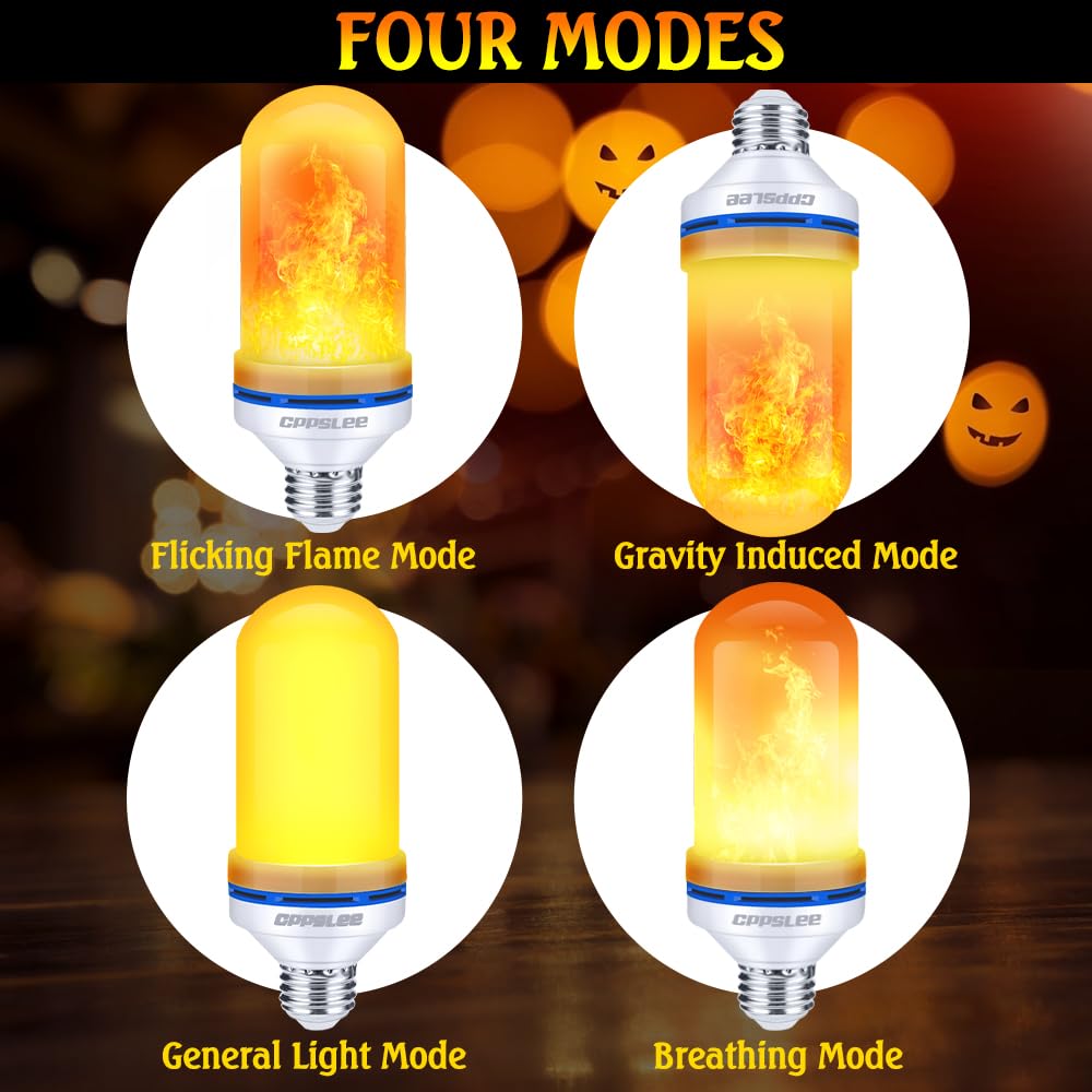Halloween Decorations Upgraded LED Flame Light Bulbs, 4 Modes Flickering Light Bulbs, E26 Base Fire Flame Bulb, Christmas Lights Patio Outdoor Indoor Home Decor (Yellow, 2 Pack) - Halloween Happy