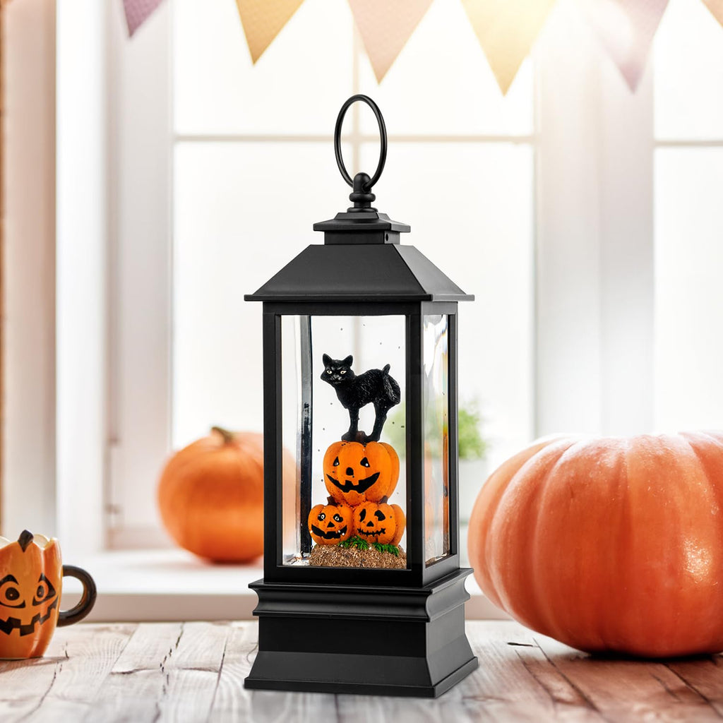 Halloween Snow Globe Lantern Water Glittering Spooky Witch' s Black Cat in Pumpkins with Music, USB Lined/Battery Operated Lighted Lantern for Halloween Festival Decoration Gifts - Halloween Happy