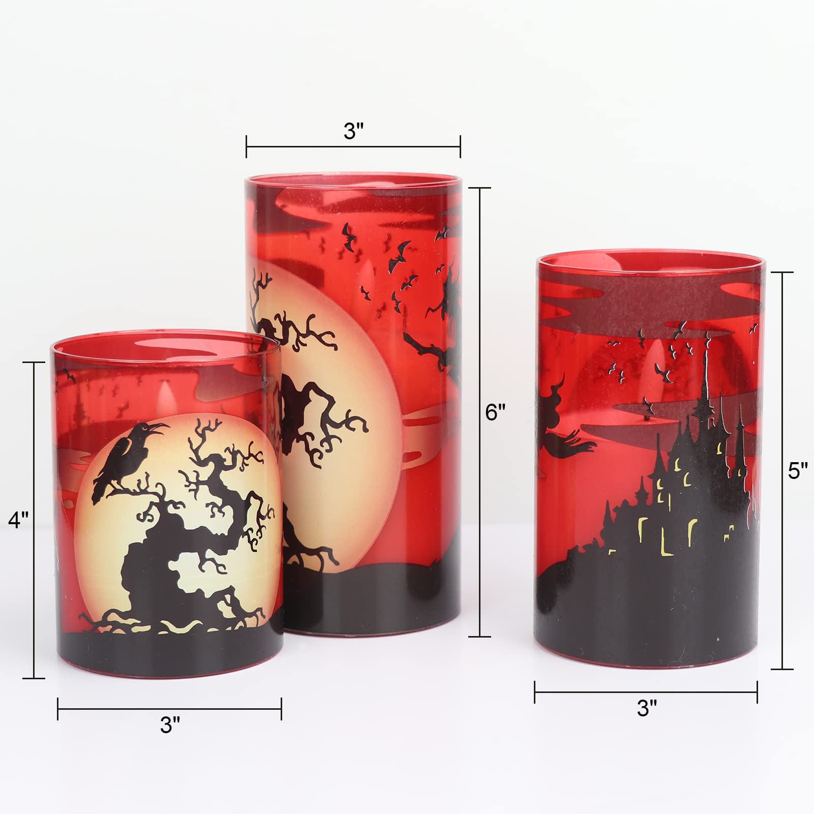 Eldnacele Halloween LED Flameless Flickering Candles Battery Operated with 6H Timer Skull Spider Web Crow Raven Spooky Decals Halloween Themed Indoor Decoration(3 Pack, D3 x H6) - Halloween Happy