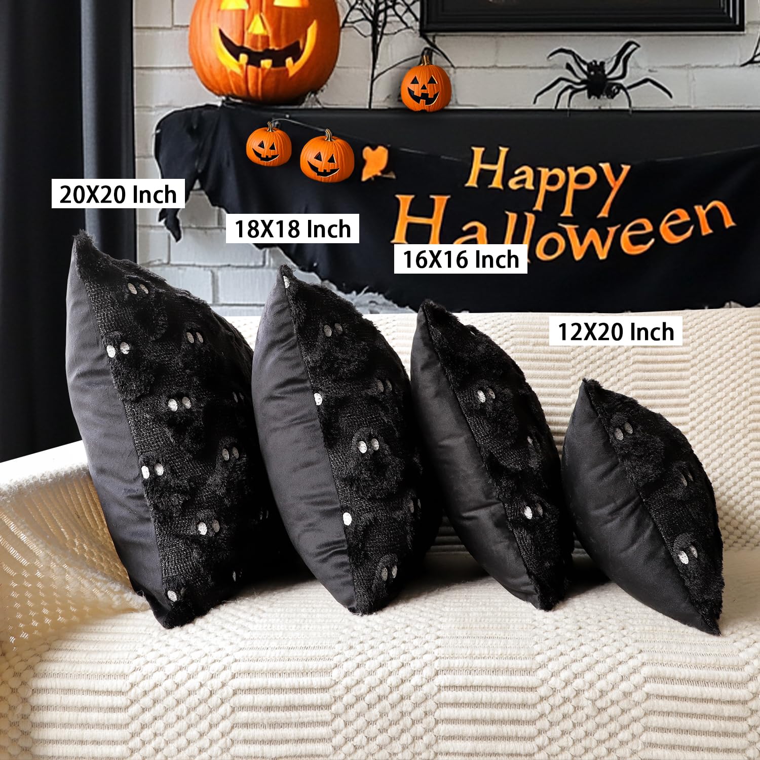 4TH Emotion Halloween Ghost Decorative Pillow Covers 18x18 Set of 2, White Soft Plush Faux Fur Farmhouse Throw Cushion Cases for Fall Autumn Holiday Home Decorations - Halloween Happy