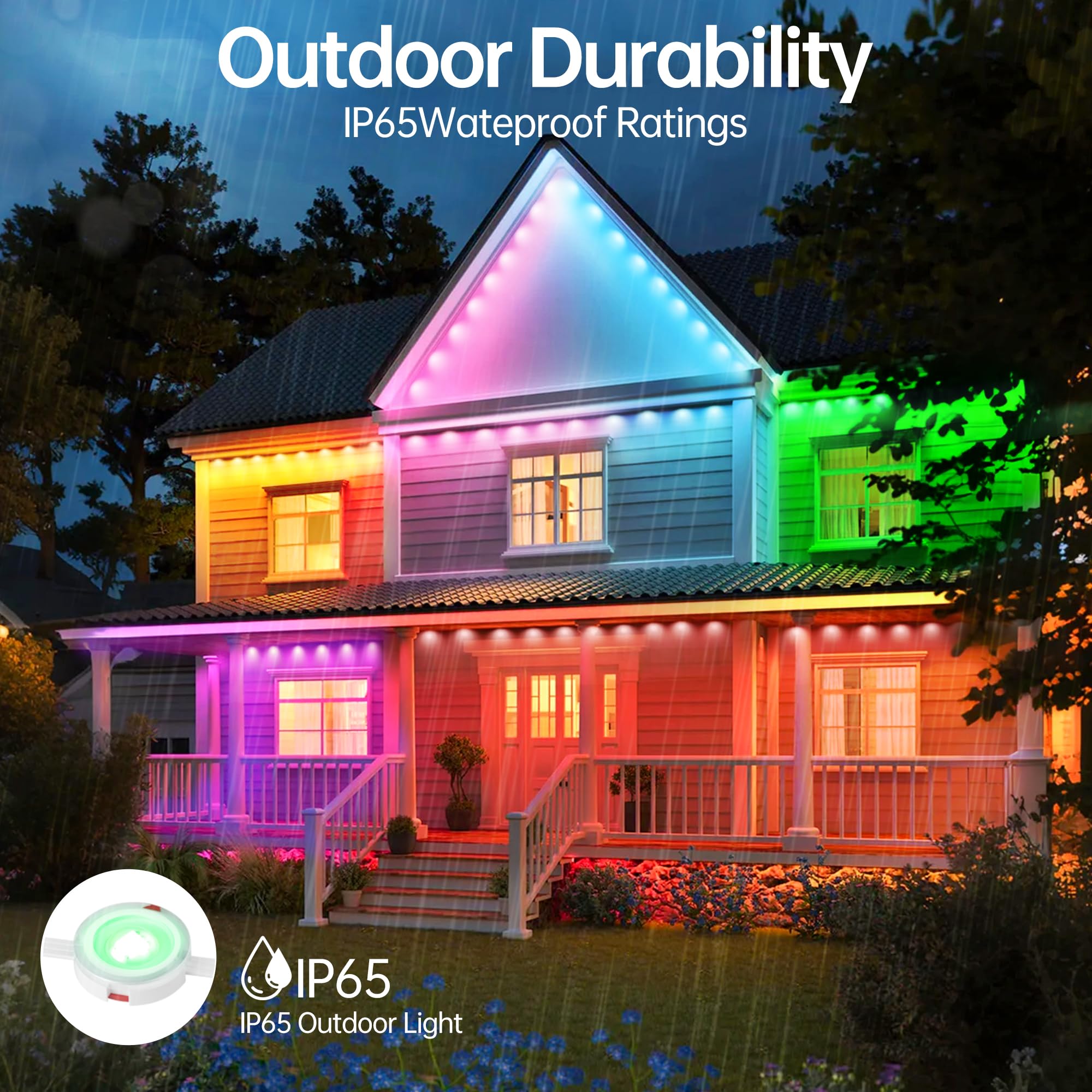 Permanent Outdoor Lights 150ft RGB+IC Outdoor String Lights App Control IP67 Waterproof,100 Scene Modes Home for Christmas,Halloween,Holiday, Daily,Birthday Decor - Halloween Happy