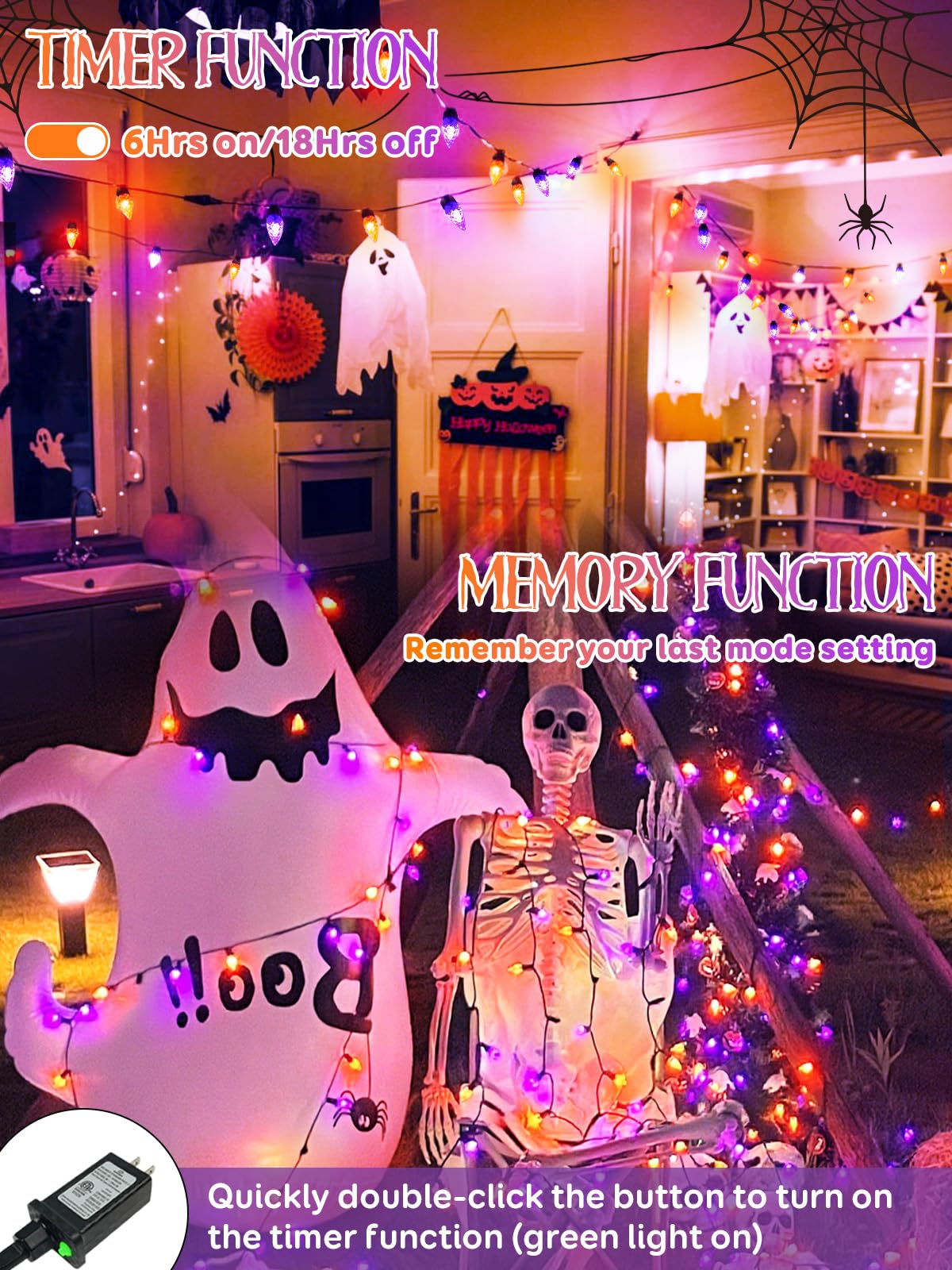 Upgraded 250 LED C6 Connectable Halloween String Lights, 82FT Orange Purple and Green Lights, Waterproof Fairy Twinkle Light Plug in with 13 Modes & Timer for Outdoor Indoor Halloween Decorations - Halloween Happy