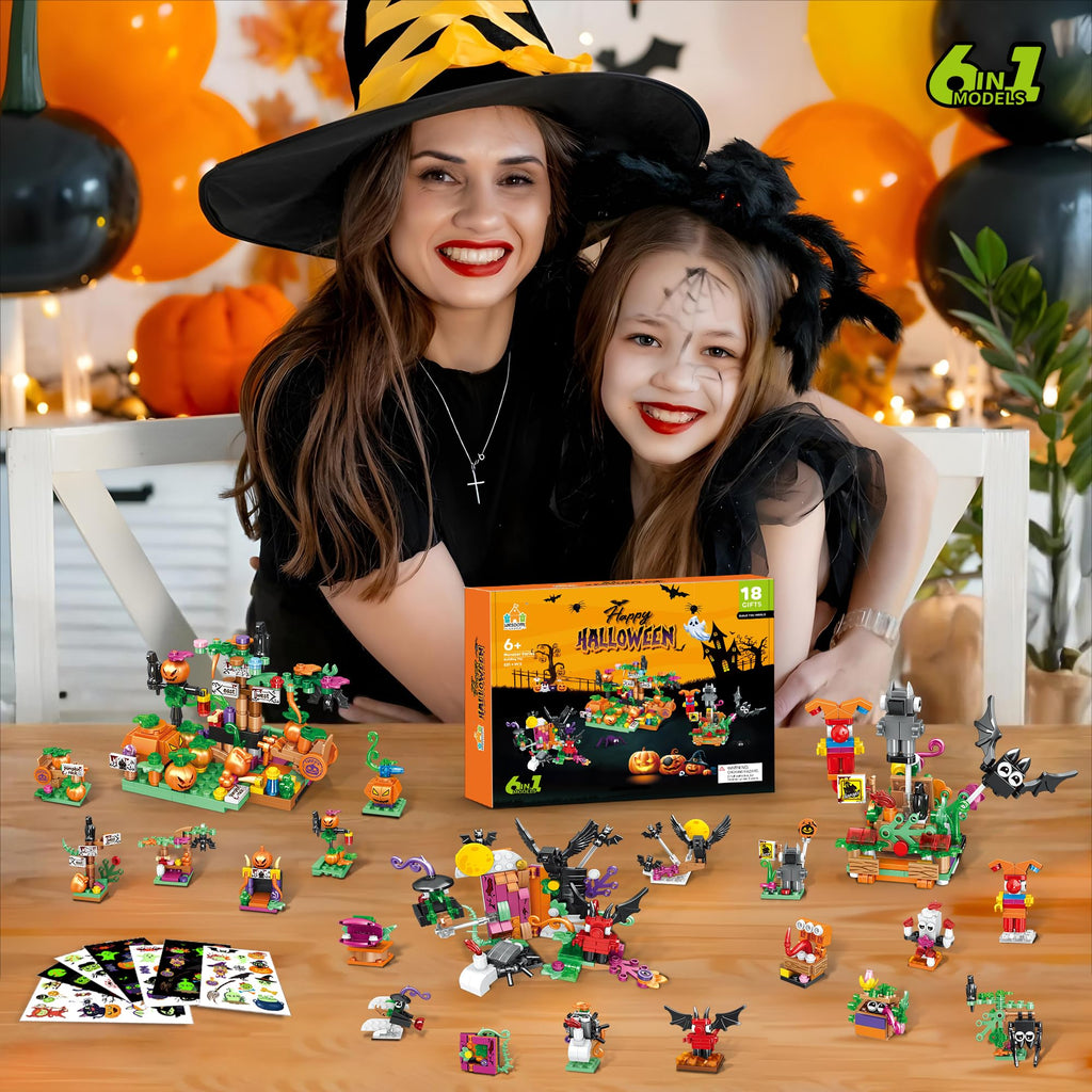 Halloween Building Set – Trick - or - Treat Toy for Kids, 6 - in - 1 Building Blocks with 18 Mini Packs, Pumpkin Patch, Ghost & Bat Scenes, Glow Tattoos, Pretend Play, Halloween Party Favors, Boys & Girls 6+ - Halloween Happy