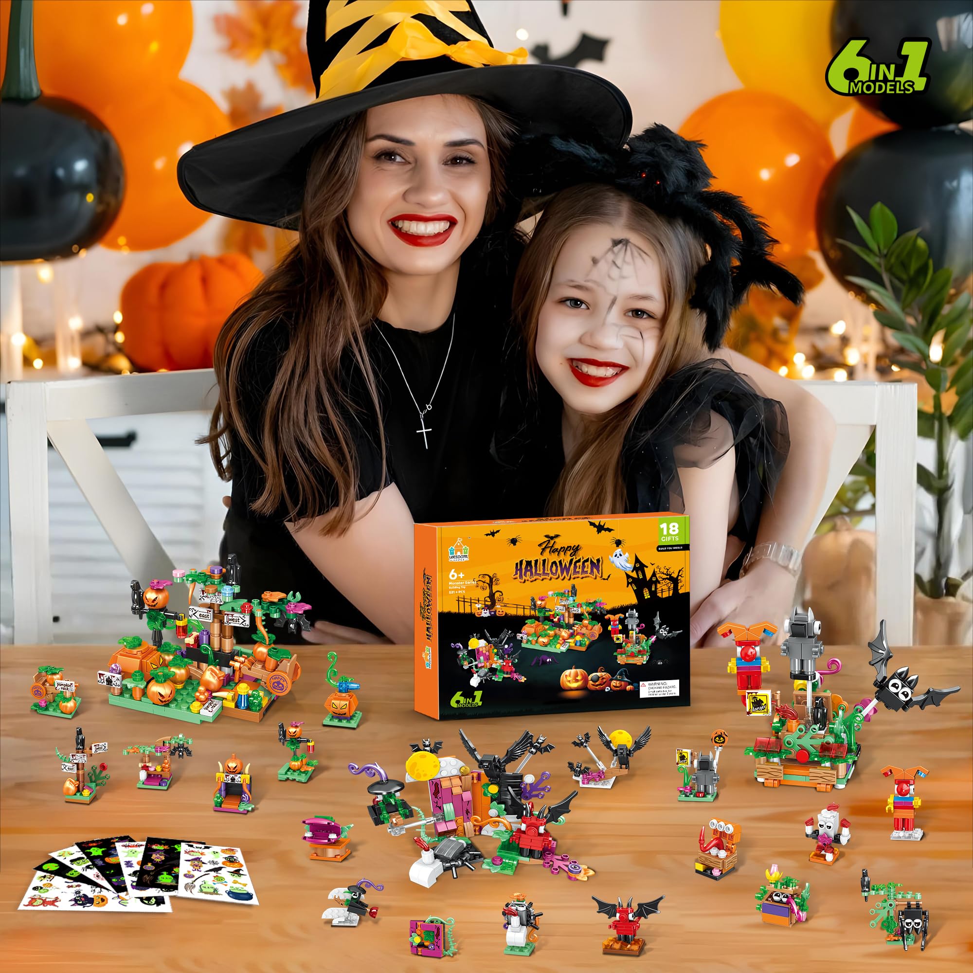 Halloween Building Set – Trick - or - Treat Toy for Kids, 6 - in - 1 Building Blocks with 18 Mini Packs, Pumpkin Patch, Ghost & Bat Scenes, Glow Tattoos, Pretend Play, Halloween Party Favors, Boys & Girls 6+ - Halloween Happy