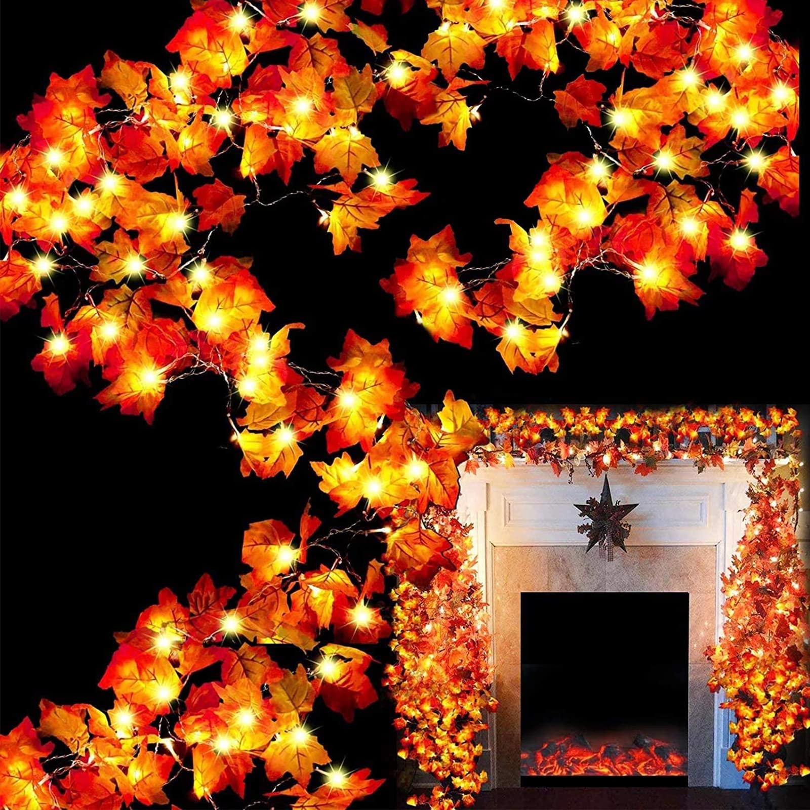 TURNMEON 2 Pack Fall Decor Enlarged Maples Leafed Lights Total 20Ft 40LED Thanksgiving Halloween Fall Decorations for Home,Battery Operated Autumn Garland Waterproof Indoor Outdoor Holiday Christmas - Halloween Happy