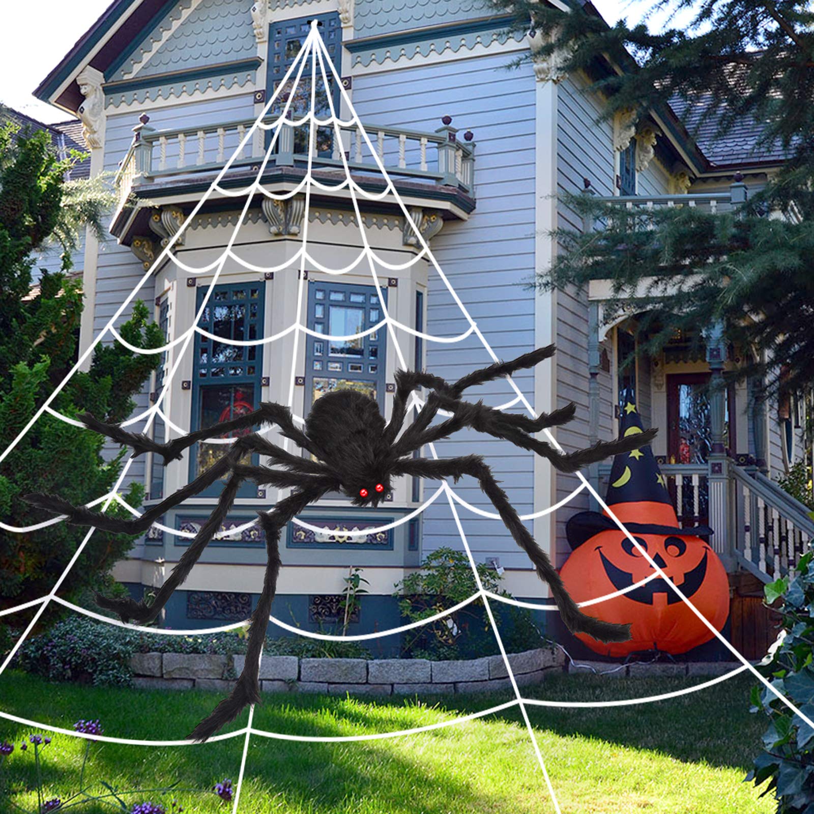 200" Halloween Spider Web + 59" Giant Spider Decorations Fake Spiders with Triangular Huge Spiders Web for Indoor Outdoor Halloween Decorations Yard Home Costumes Parties Haunted House Décor - Halloween Happy