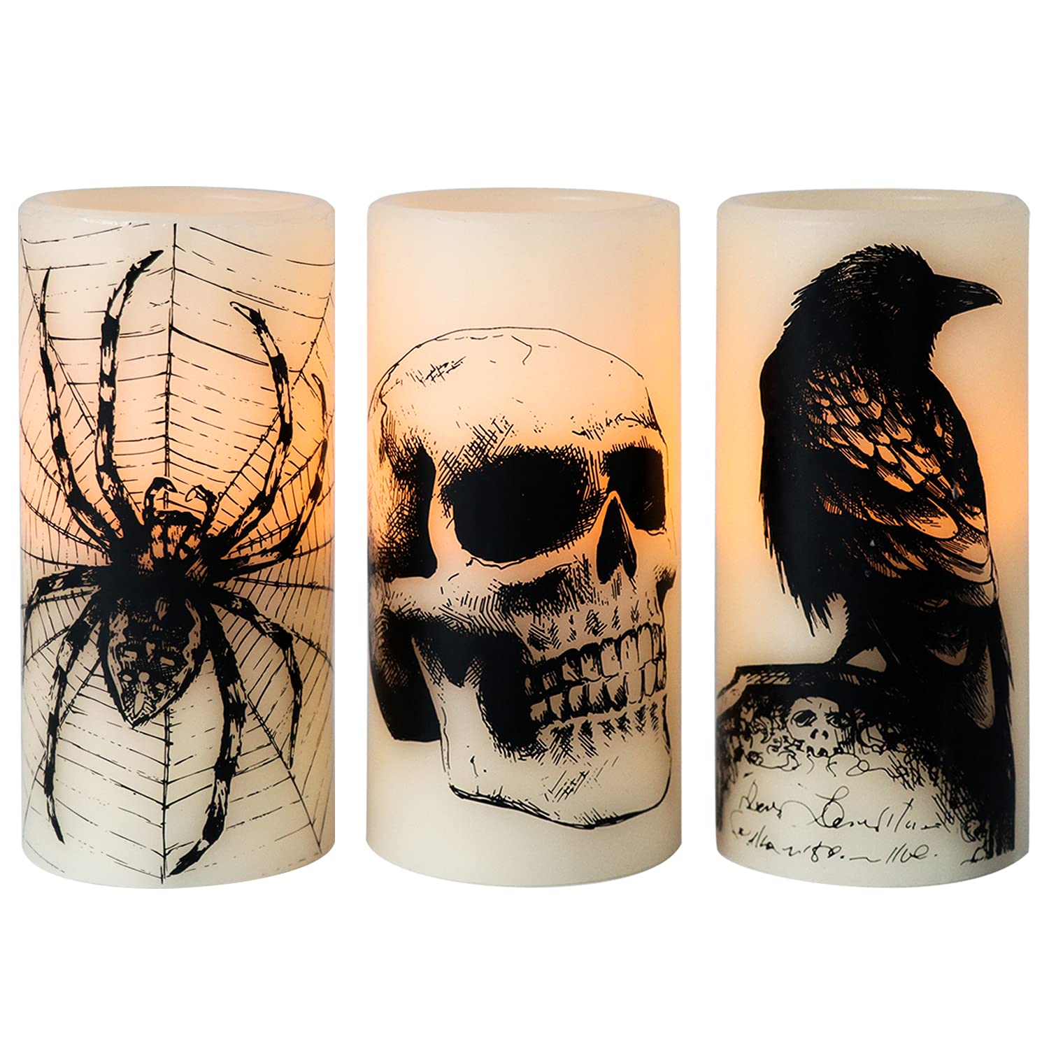 Eldnacele Halloween LED Flameless Flickering Candles Battery Operated with 6H Timer Skull Spider Web Crow Raven Spooky Decals Halloween Themed Indoor Decoration(3 Pack, D3 x H6) - Halloween Happy