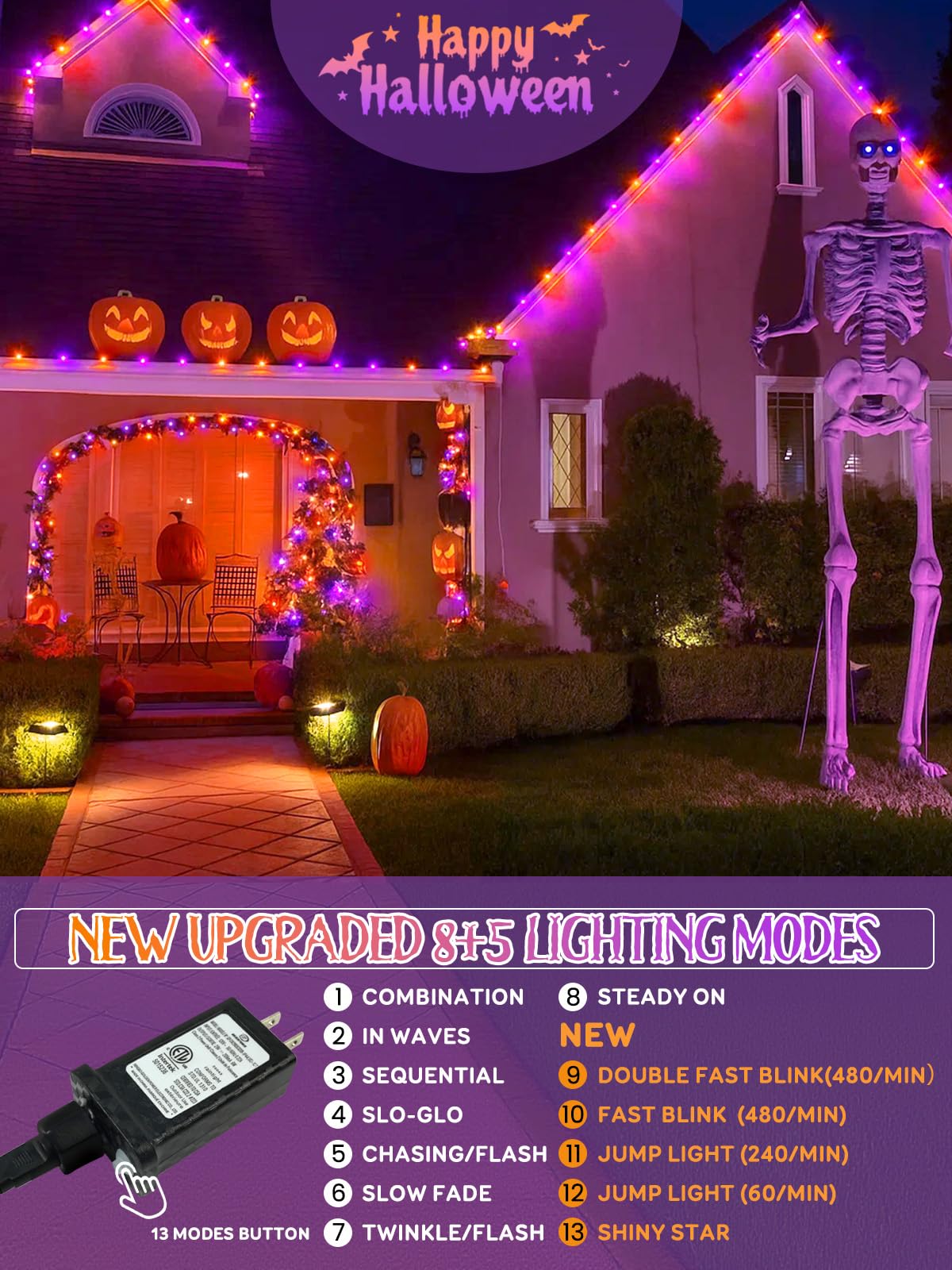 Upgraded 250 LED C6 Connectable Halloween String Lights, 82FT Orange Purple and Green Lights, Waterproof Fairy Twinkle Light Plug in with 13 Modes & Timer for Outdoor Indoor Halloween Decorations - Halloween Happy