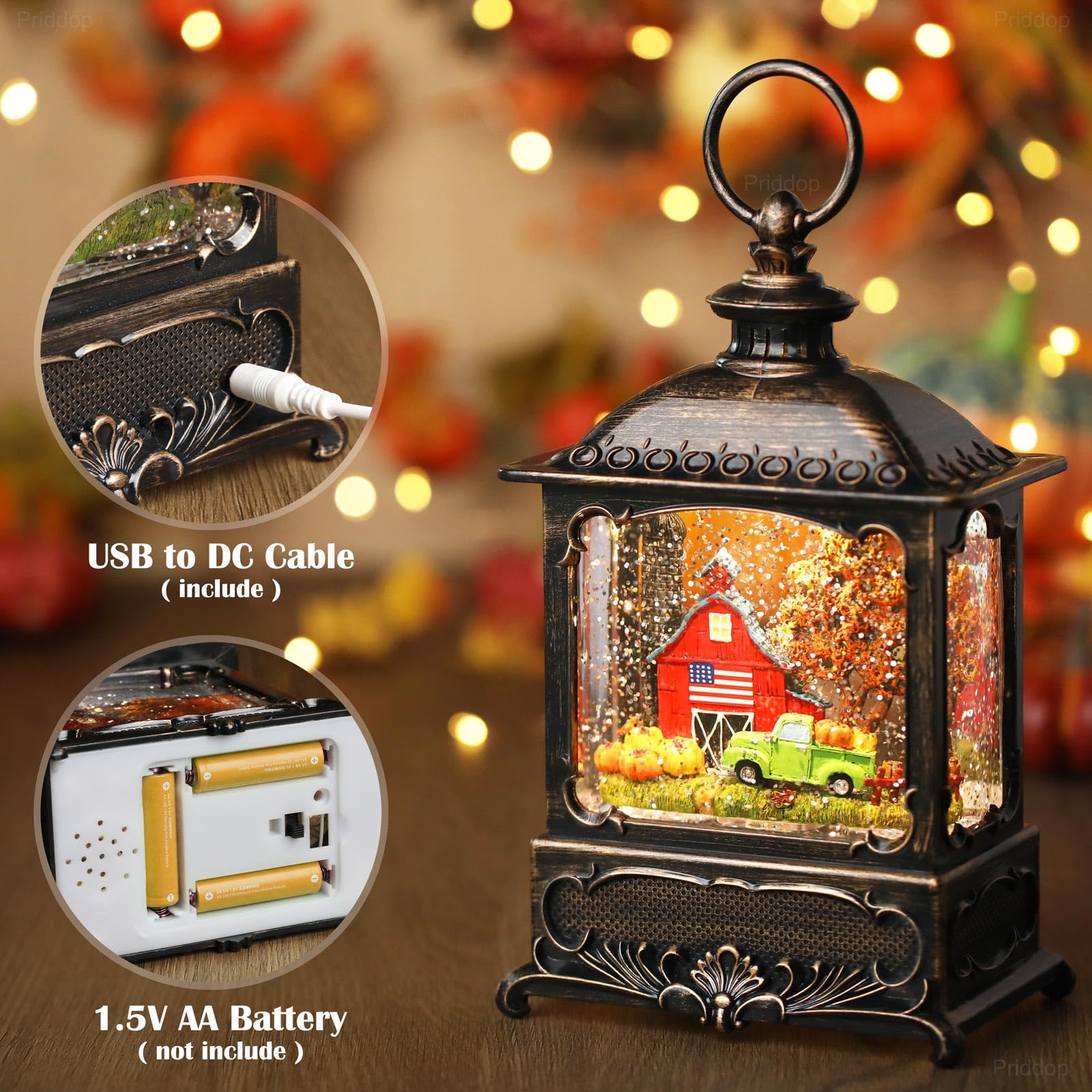 Halloween Snow Globe Lantern Haunted House Pumpkin Ghost Tree Crow Rip Dancing Bats with Timer, USB and Battery Powered 12 inch - Halloween Happy