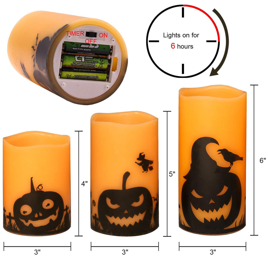 Eldnacele Halloween LED Flameless Flickering Candles Battery Operated with 6H Timer Skull Spider Web Crow Raven Spooky Decals Halloween Themed Indoor Decoration(3 Pack, D3 x H6) - Halloween Happy