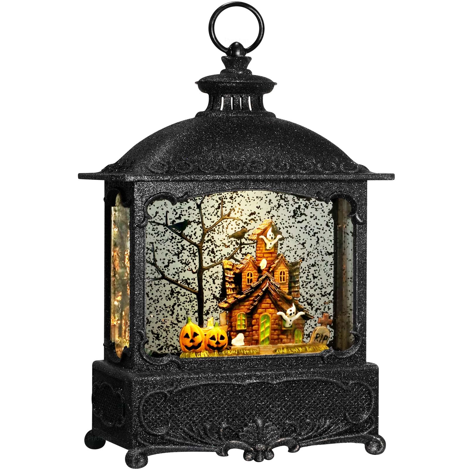 Halloween Snow Globe Lantern Haunted House Pumpkin Ghost Tree Crow Rip Dancing Bats with Timer, USB and Battery Powered 12 inch - Halloween Happy
