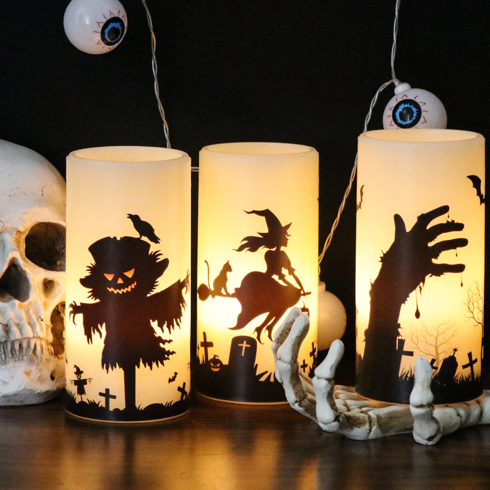 Eldnacele Halloween LED Flameless Flickering Candles Battery Operated with 6H Timer Skull Spider Web Crow Raven Spooky Decals Halloween Themed Indoor Decoration(3 Pack, D3 x H6) - Halloween Happy