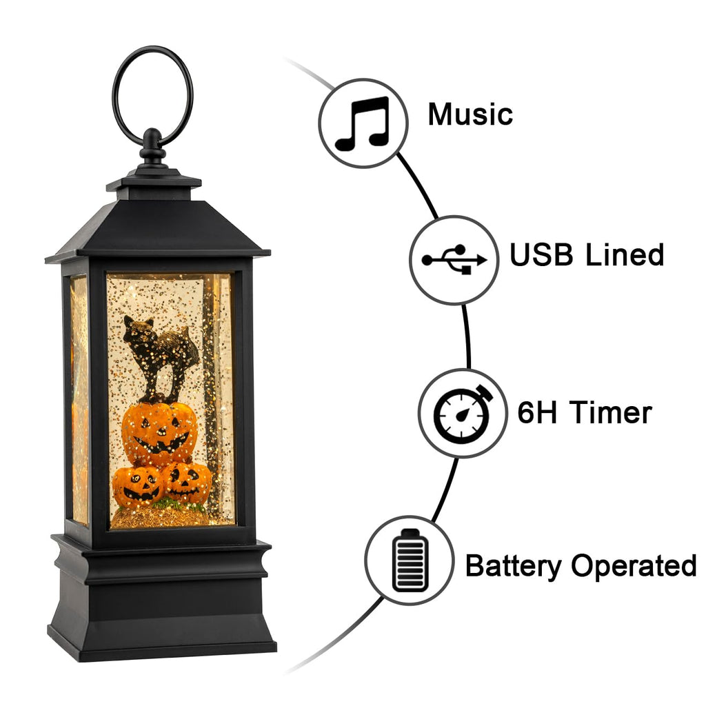 Halloween Snow Globe Lantern Water Glittering Spooky Witch' s Black Cat in Pumpkins with Music, USB Lined/Battery Operated Lighted Lantern for Halloween Festival Decoration Gifts - Halloween Happy