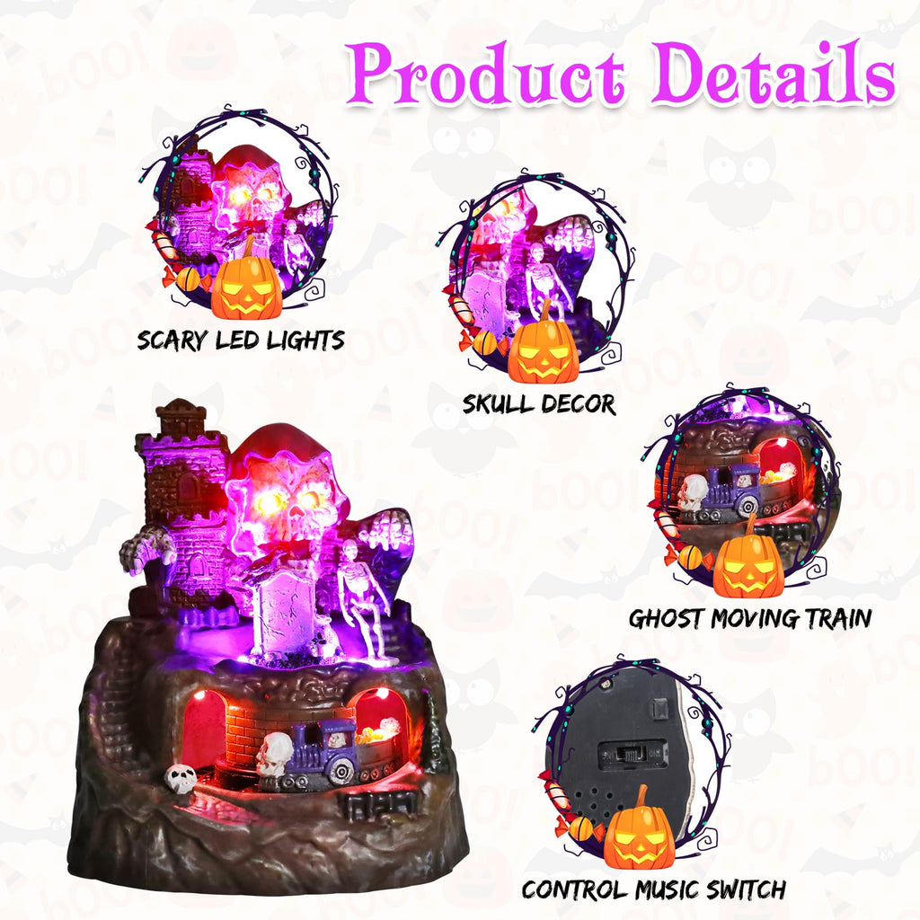 Halloween Village Houses Decorations, Lighted Haunted House with Animated Train and Scary Music, Resin Spooky Skull Village Collections for Holiday Party Table Indoor Home Decor - Halloween Happy