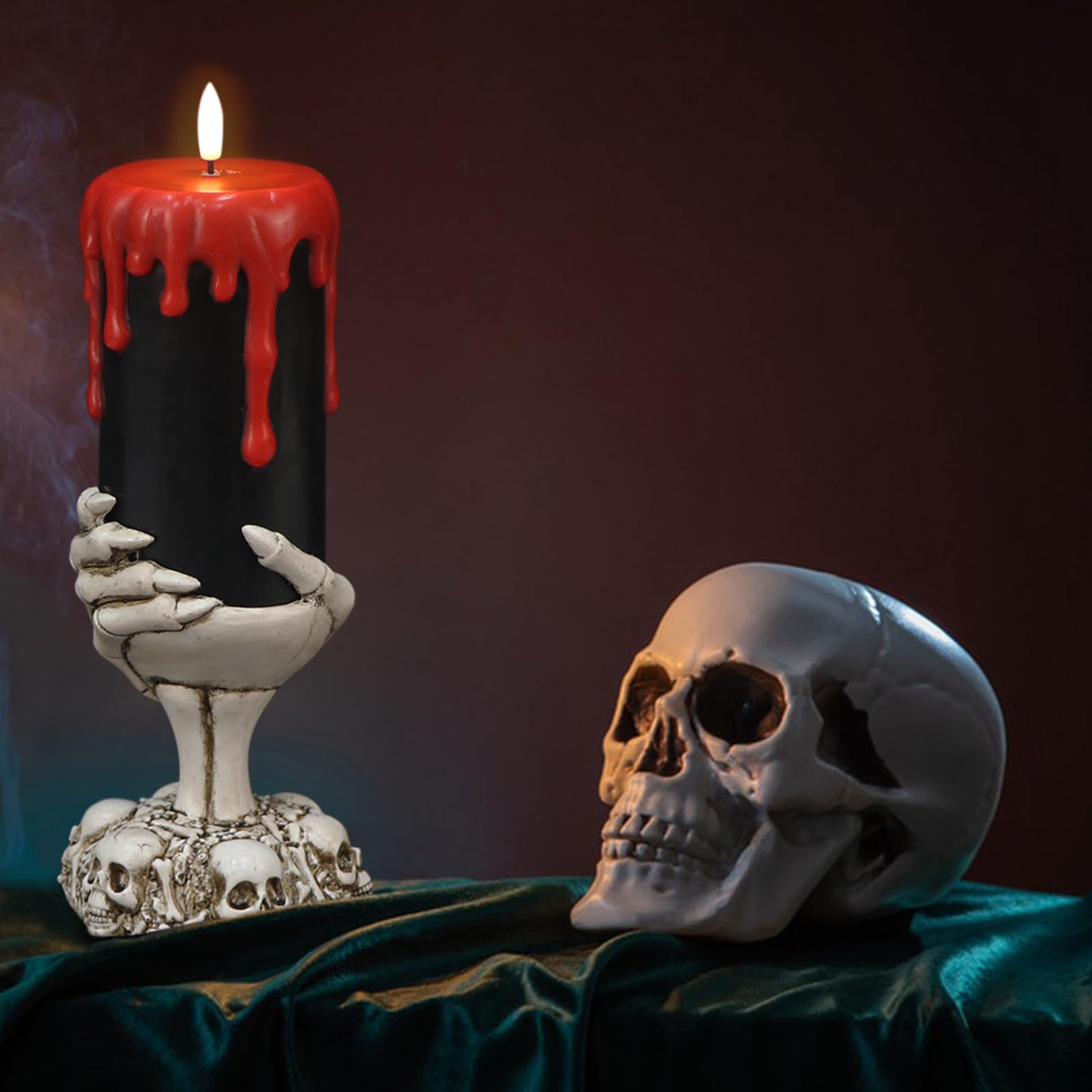 Eldnacele Halloween LED Flameless Flickering Candles Battery Operated with 6H Timer Skull Spider Web Crow Raven Spooky Decals Halloween Themed Indoor Decoration(3 Pack, D3 x H6) - Halloween Happy
