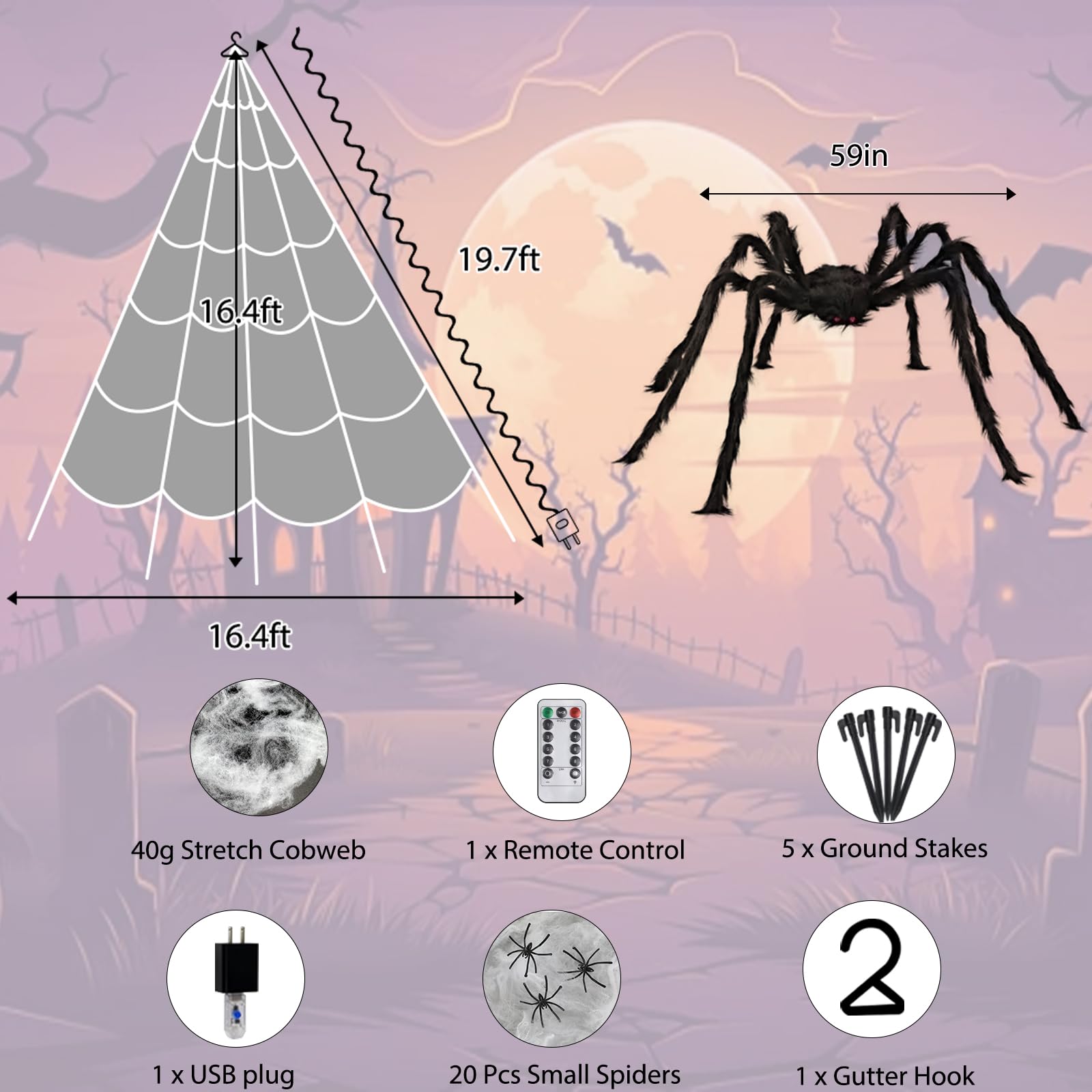 Halloween Spider Web Lights 550 LED Lighted Spider Web 16.4Ft Giant Halloween Decorations Light up with 8 Lighting Modes Waterproof & Timer for Indoor Outdoor House Haunted Yard Decor, Purple & Orange - Halloween Happy