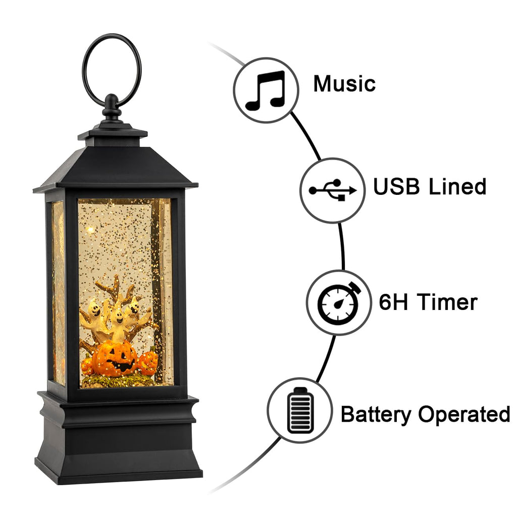 Halloween Snow Globe Lantern Water Glittering Spooky Witch' s Black Cat in Pumpkins with Music, USB Lined/Battery Operated Lighted Lantern for Halloween Festival Decoration Gifts - Halloween Happy