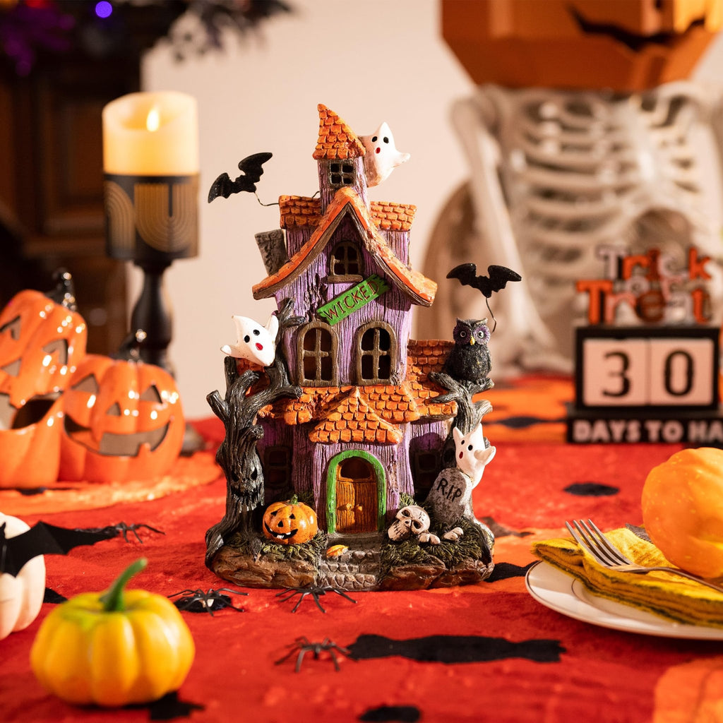 Valery Madelyn Halloween Decorations, Lighted Halloween Village Houses with LED Lights, Resin Spooky Town Happy Haunted House for Home and Party Table Desk Mantel, 9 Inch - Halloween Happy
