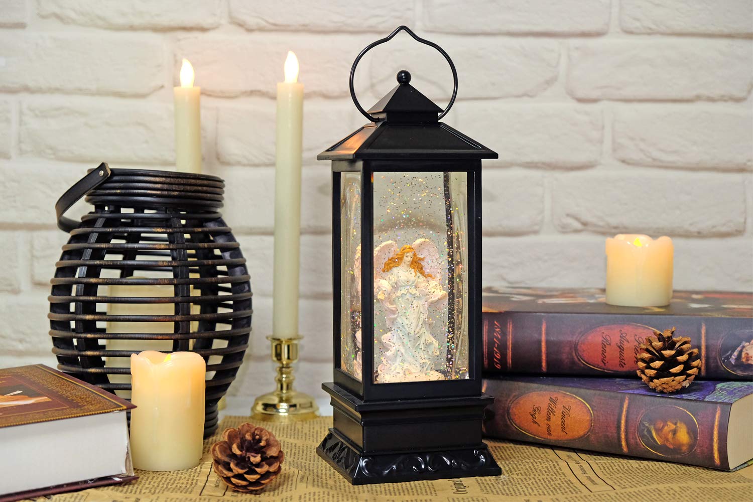 Eldnacele Halloween Ghost Projection Snow Globe Lantern with 6 - Hour Timer, Lighted Plug - in & Battery Operated Water Glittering Snowing Globe Lamp for Spooky Fall Halloween Indoor Decoration(Skeleton) - Halloween Happy