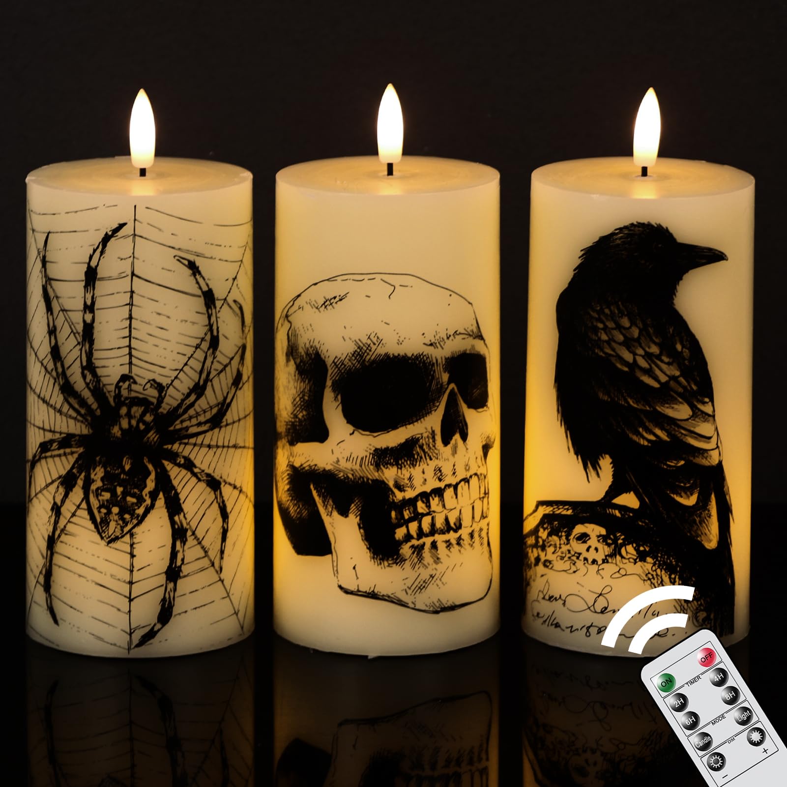 Eldnacele Halloween LED Flameless Flickering Candles Battery Operated with 6H Timer Skull Spider Web Crow Raven Spooky Decals Halloween Themed Indoor Decoration(3 Pack, D3 x H6) - Halloween Happy