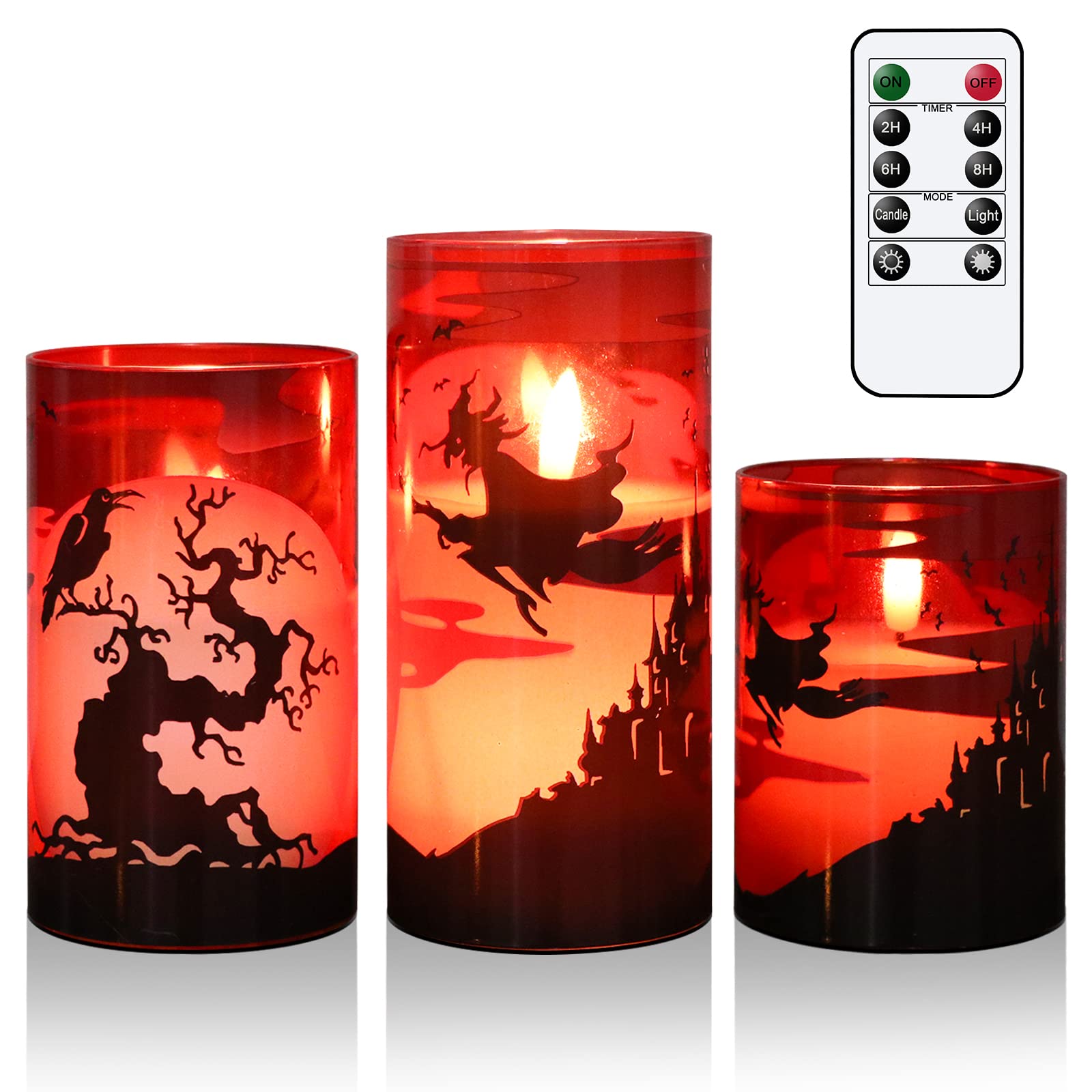 Eldnacele Halloween LED Flameless Flickering Candles Battery Operated with 6H Timer Skull Spider Web Crow Raven Spooky Decals Halloween Themed Indoor Decoration(3 Pack, D3 x H6) - Halloween Happy
