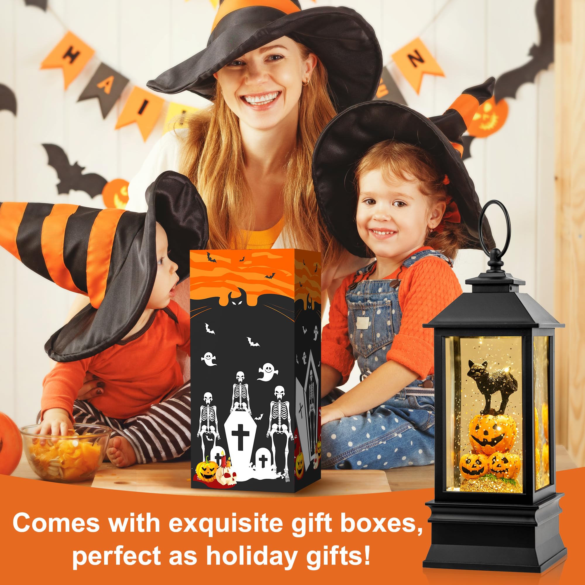 Halloween Snow Globe Lantern Water Glittering Spooky Witch' s Black Cat in Pumpkins with Music, USB Lined/Battery Operated Lighted Lantern for Halloween Festival Decoration Gifts - Halloween Happy