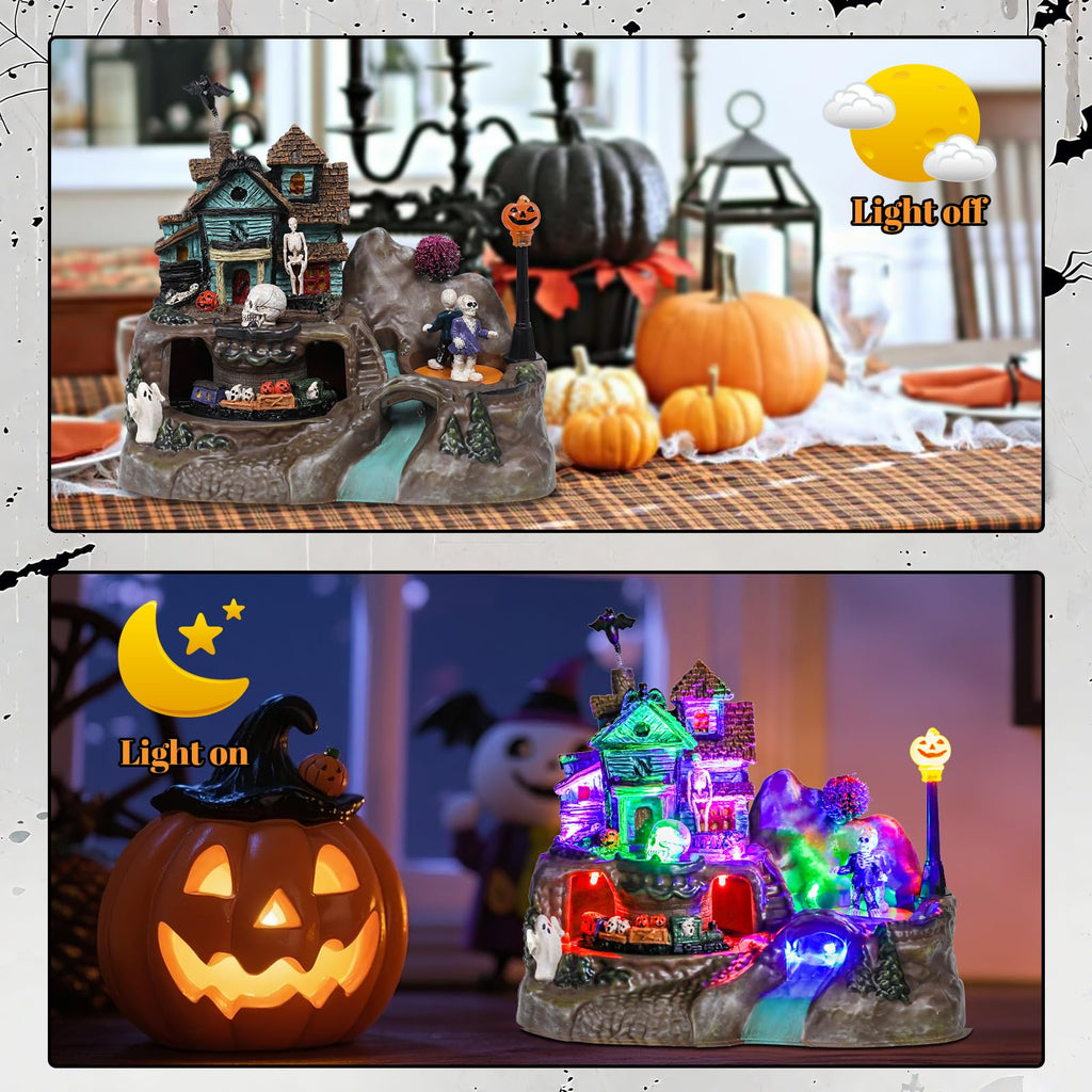 DREAM GARDEN Halloween Village Collection, Lighted Spooky Haunted House with Animated Train and Scary Sound Halloween Collectible Bulidings with Skull, Pumpkin, Ghost for Holiday Party Tabletop Decor - Halloween Happy