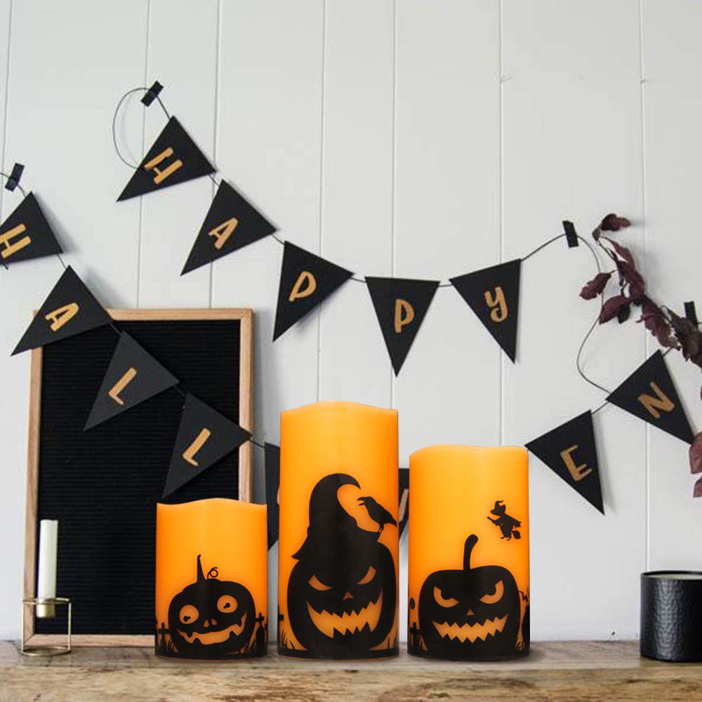 Eldnacele Halloween LED Flameless Flickering Candles Battery Operated with 6H Timer Skull Spider Web Crow Raven Spooky Decals Halloween Themed Indoor Decoration(3 Pack, D3 x H6) - Halloween Happy