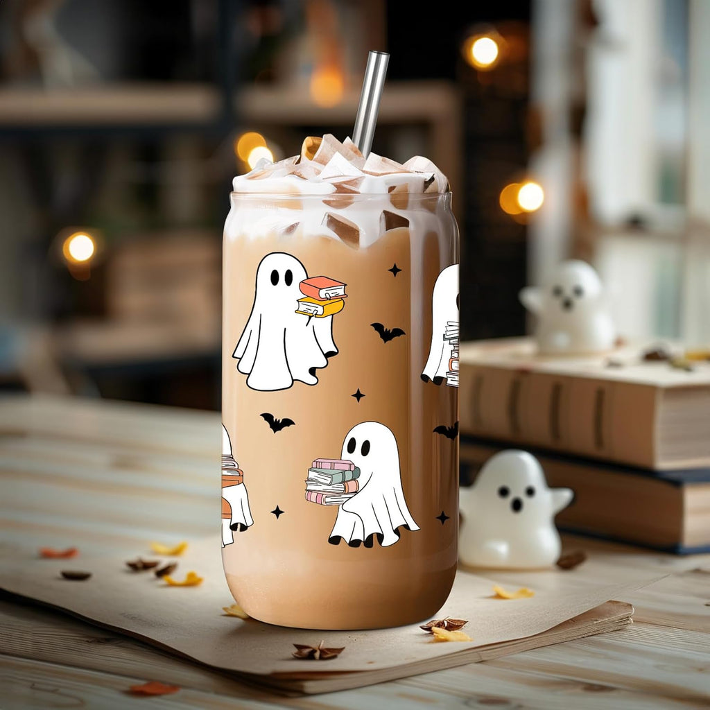 Fairy's Gift Ghost Reader Halloween Cup, Cute Spooky Gifts for Book Lovers, 16 oz Iced Coffee Tumbler Cup w/Lid Straw, Book Themed Bookworm Bookish Reading Halloween Gifts for Women Librarian Reader - Halloween Happy