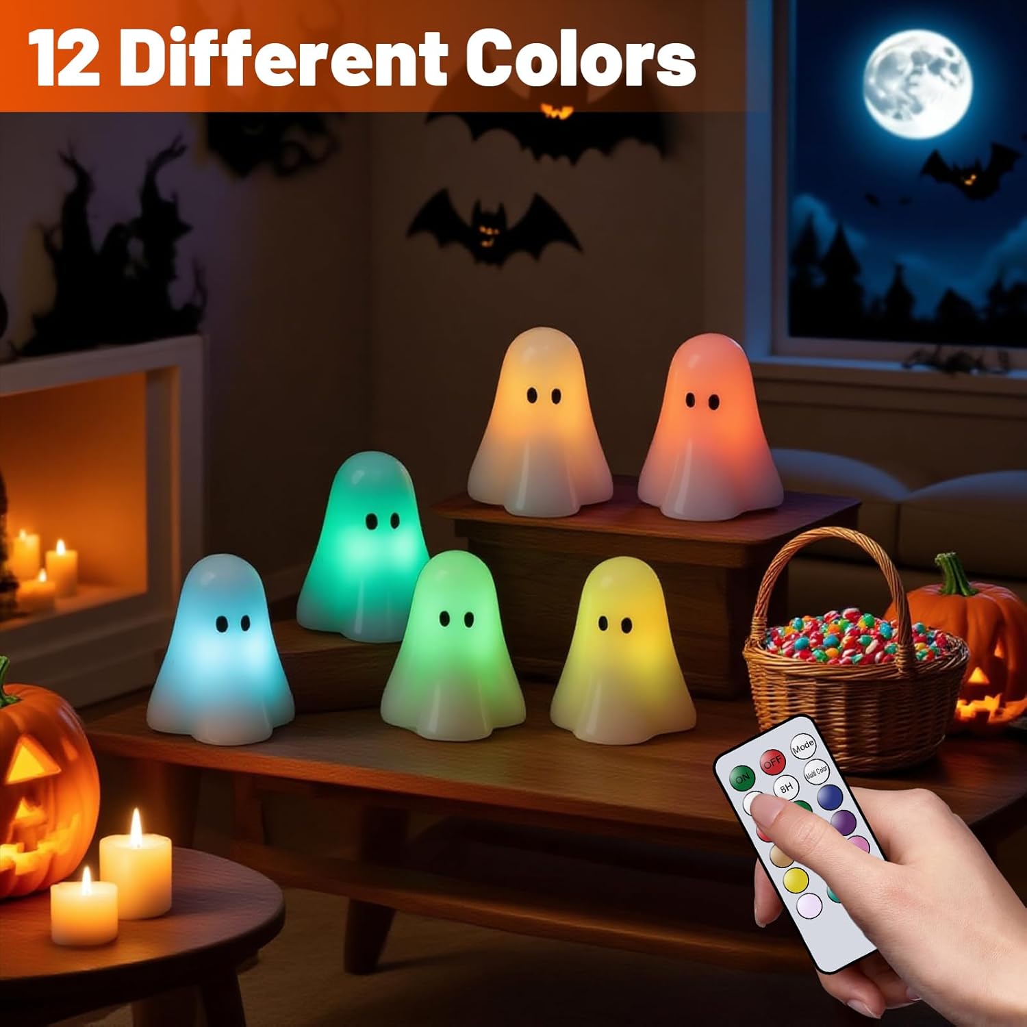 Wondise Halloween Flameless Candles Color Changing with Remote Timer, Real Wax Battery Operated Flickering Halloween Spooky Ghost Candles for Halloween Decoration Gift （D 3" x H 3.5"） - Halloween Happy