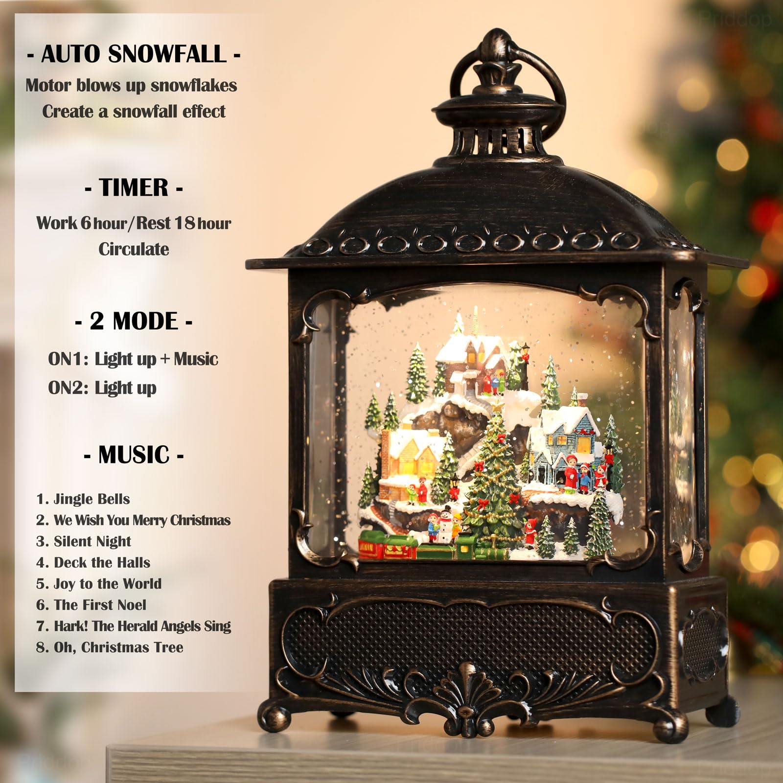 Halloween Snow Globe Lantern Haunted House Pumpkin Ghost Tree Crow Rip Dancing Bats with Timer, USB and Battery Powered 12 inch - Halloween Happy