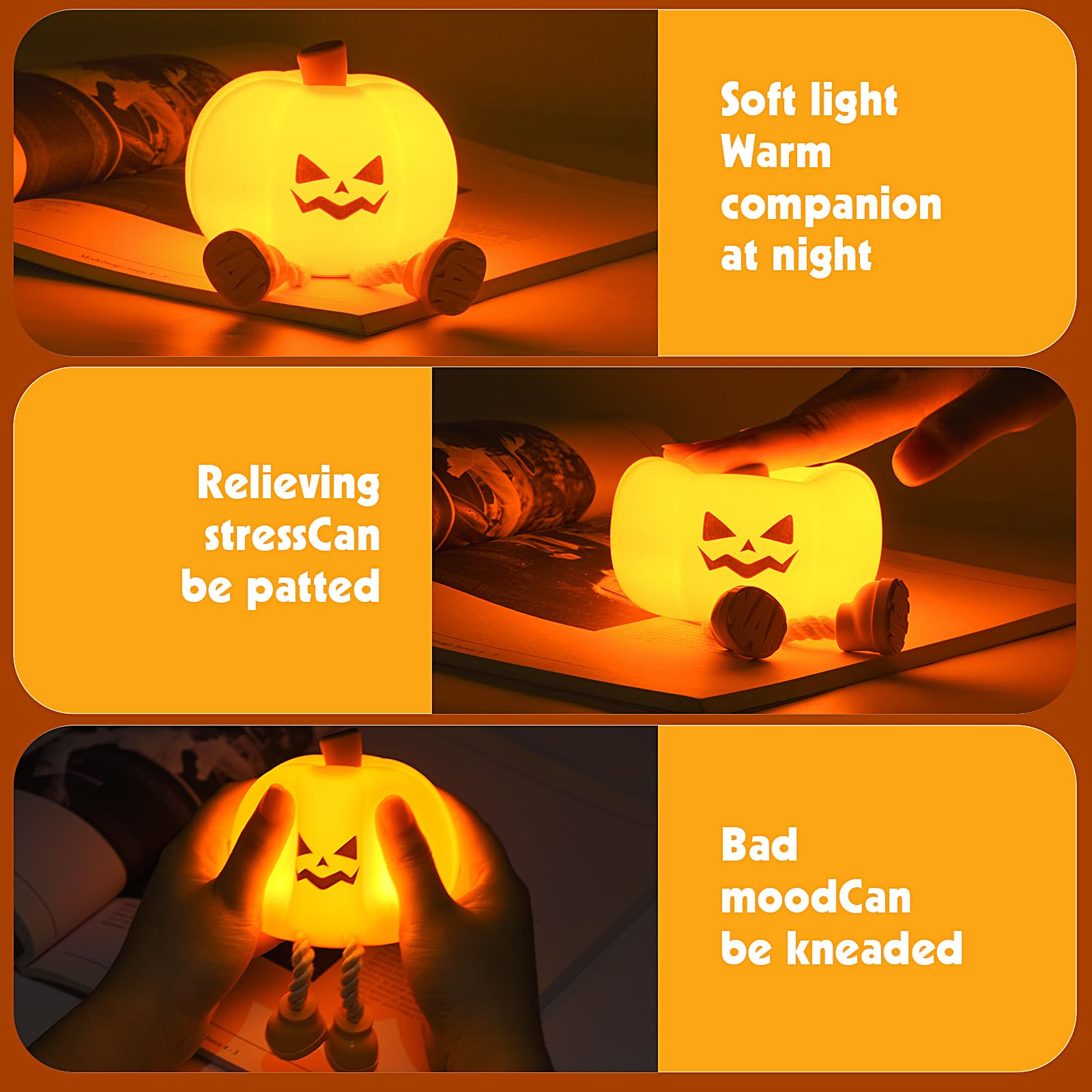 Pumpkin Night Light, Cute LED Lamp, Silicone Dimmable Nursery Nightlight for Kids, Silicone Rechargeable Bedside Touch Lamp, Funny Office Desk and Halloween Decor for Woman and Kids - Halloween Happy
