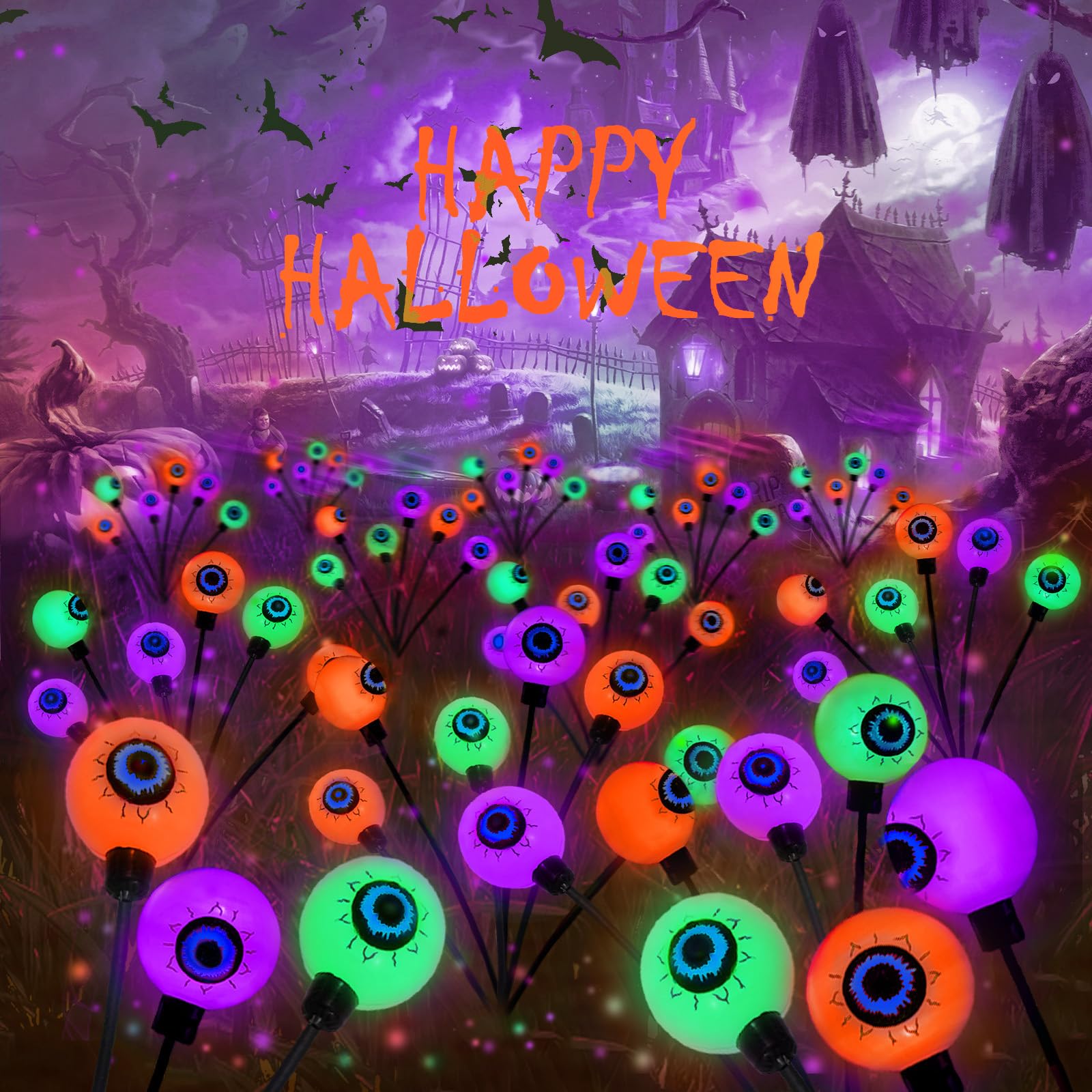 6 Pack Solar Eyeball Lights for Halloween Decorations Outdoor, 36 LED Green Eyeball Solar Halloween Lights, Waterproof Swaying Firefly Lights with 2 Modes for Pathway Patio Yard Lawn Garden Decor - Halloween Happy