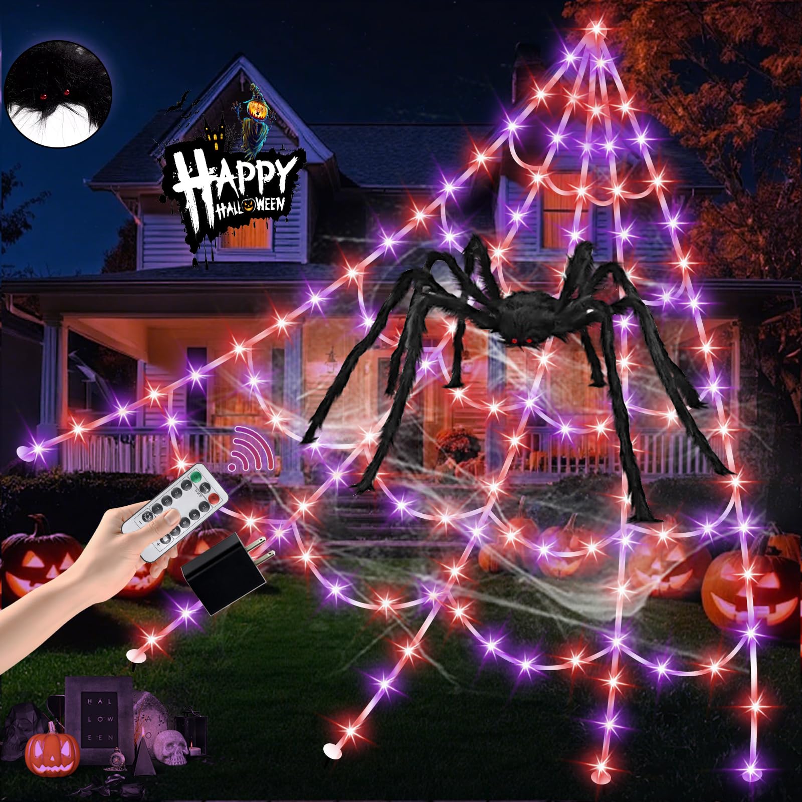 Halloween Spider Web Lights 550 LED Lighted Spider Web 16.4Ft Giant Halloween Decorations Light up with 8 Lighting Modes Waterproof & Timer for Indoor Outdoor House Haunted Yard Decor, Purple & Orange - Halloween Happy