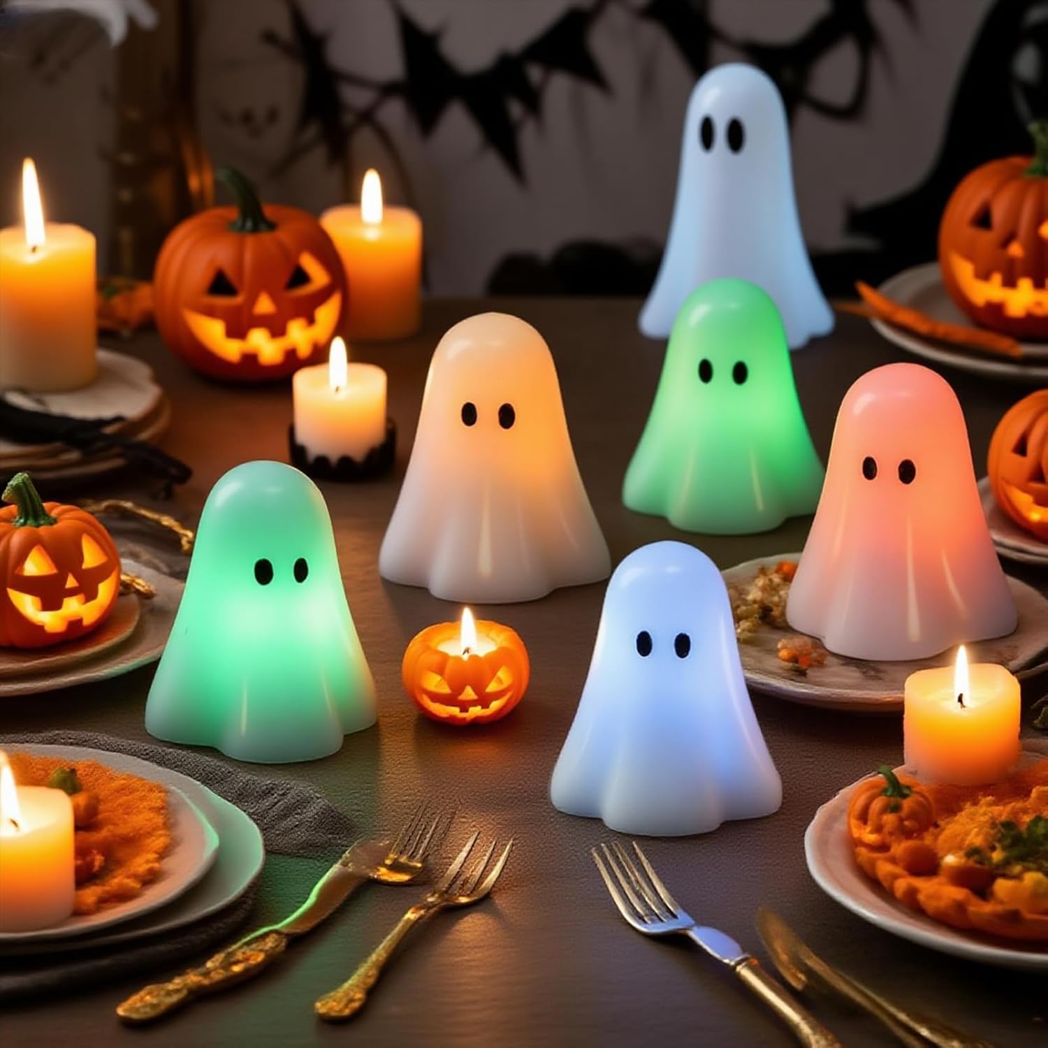 Wondise Halloween Flameless Candles Color Changing with Remote Timer, Real Wax Battery Operated Flickering Halloween Spooky Ghost Candles for Halloween Decoration Gift （D 3" x H 3.5"） - Halloween Happy