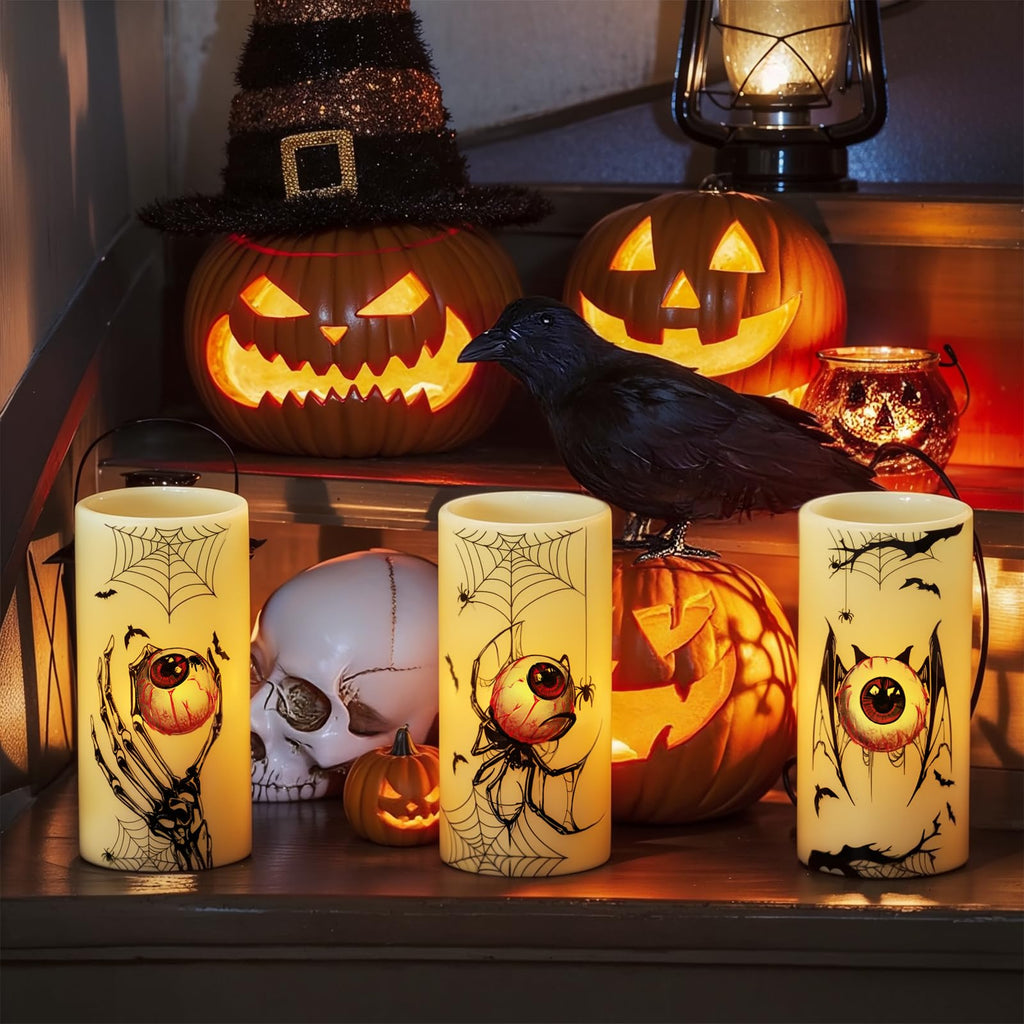 Eldnacele Halloween LED Flameless Flickering Candles Battery Operated with 6H Timer Skull Spider Web Crow Raven Spooky Decals Halloween Themed Indoor Decoration(3 Pack, D3 x H6) - Halloween Happy