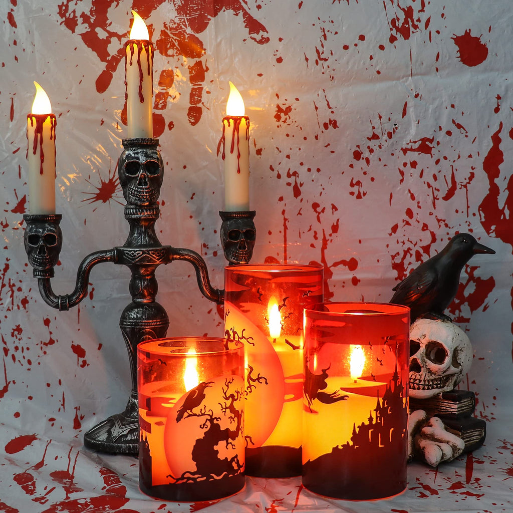 Eldnacele Halloween LED Flameless Flickering Candles Battery Operated with 6H Timer Skull Spider Web Crow Raven Spooky Decals Halloween Themed Indoor Decoration(3 Pack, D3 x H6) - Halloween Happy